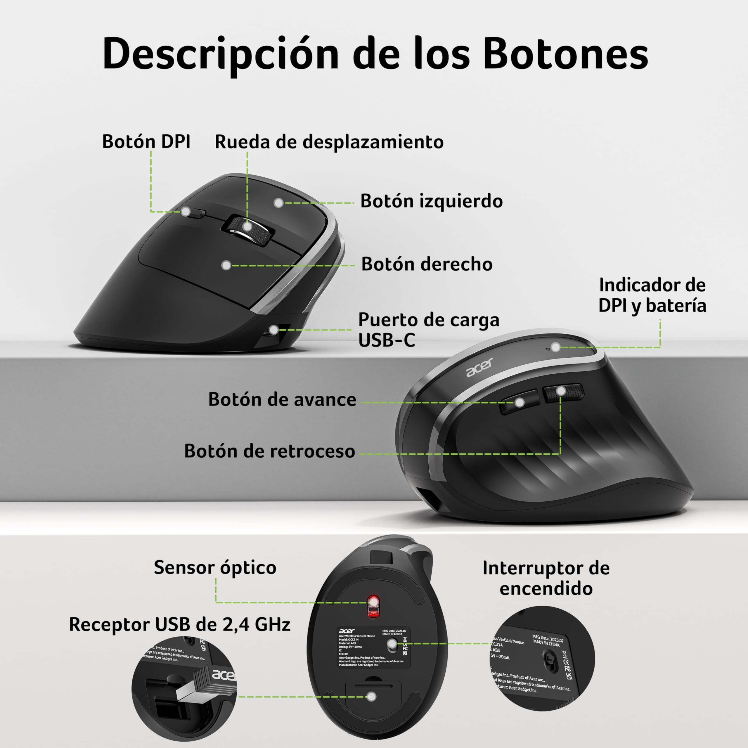 Acer Ratón Ergonómico 2.4G, Ratón Vertical Inalámbrico 1600 dpi | Wireless Mouse Recargable con Receptor USB-A para PC y Portátiles, Compatible con Windows, macOS, Linux, etc.