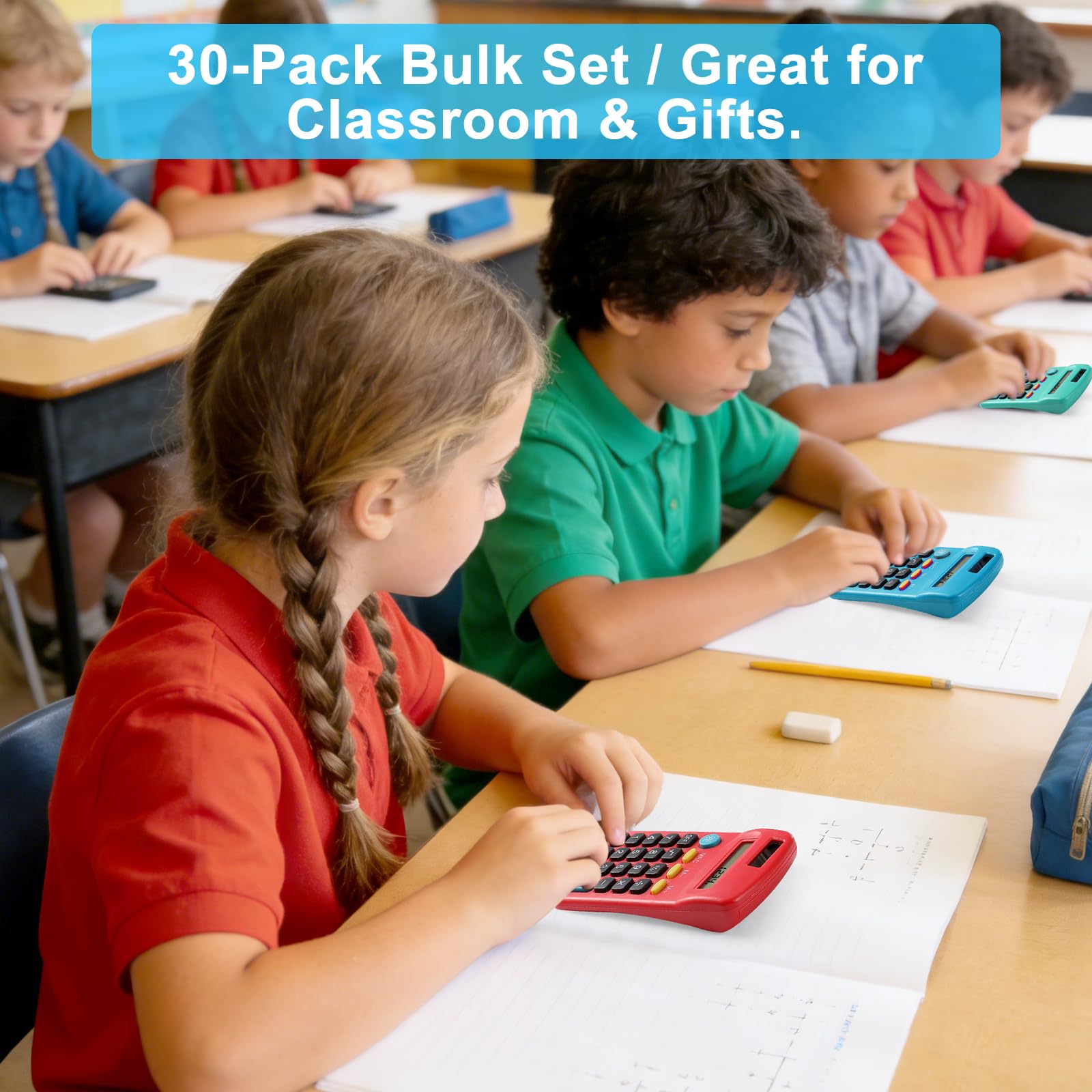 Lot de 30 calculatrices de poche à énergie solaire pour étudiants, fournitures de salle de classe, petite calculatrice pour enfants, école, maison, bureau (6 couleurs)