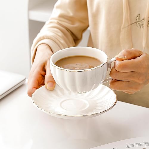 Miniatura 4 de Generic Bloosnow HFB0002B - Taza de café de porcelana blanca de 8 onzas con platillo, taza de té y platillo de cerámica con ribete dorado para