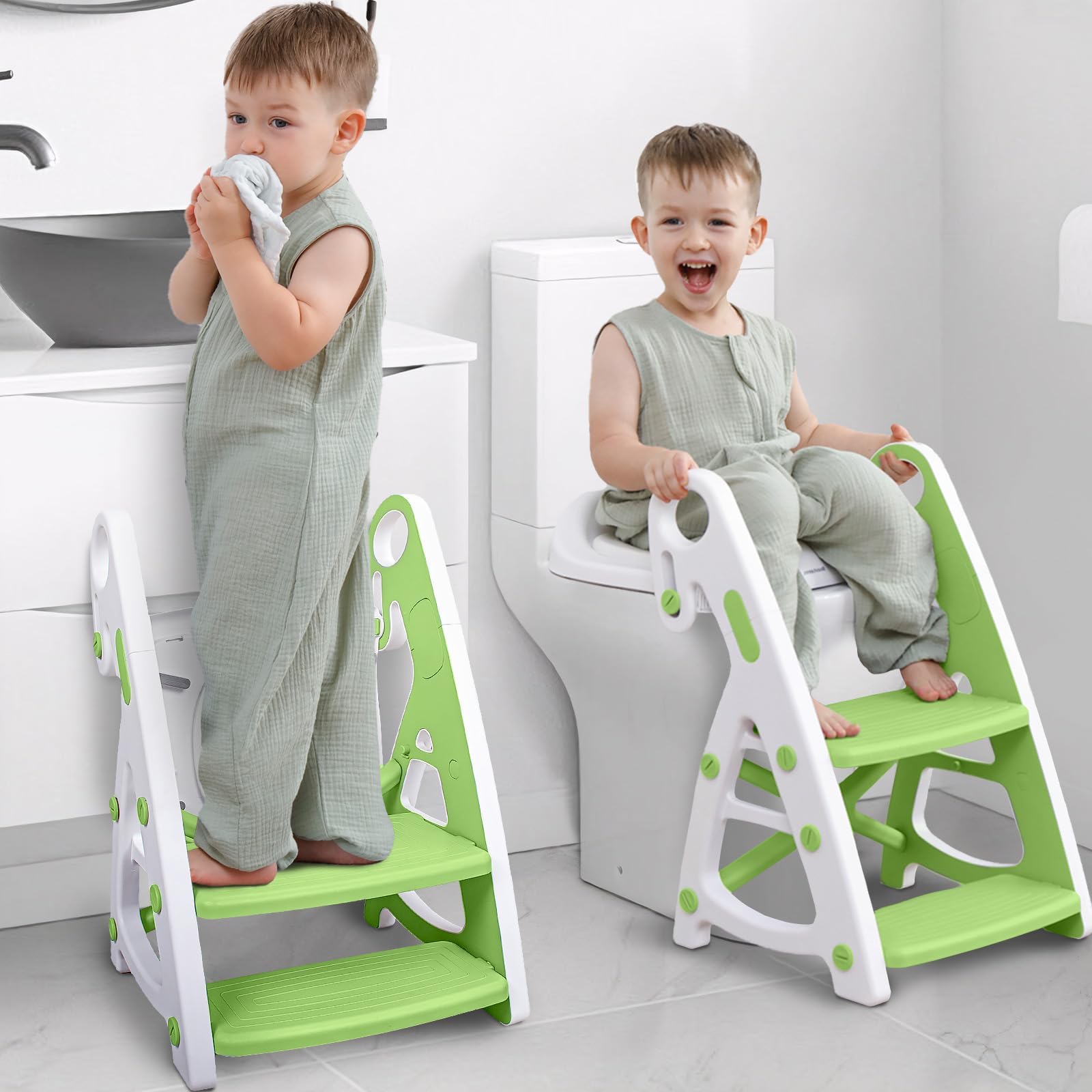 Toddler Potty Training Seat, 2 in 1 Toilet Seat with Step Stool for Boys and Girls, Adjustable Toilet Training Seat with Non-Slip and Splash Guard Design, Easy to Carry and Climb (Green)