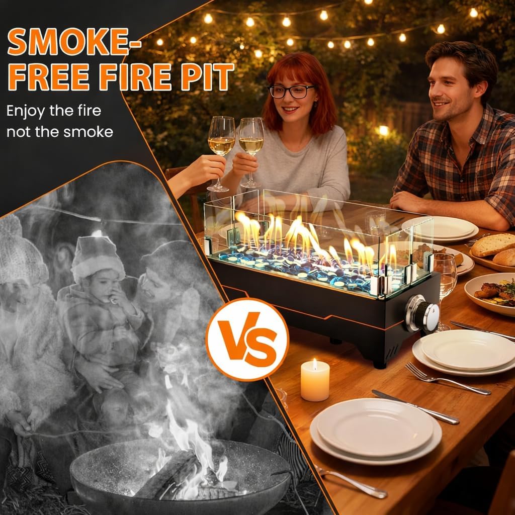 GRISUN Tabletop Fire Pit,15 Inch Propane Fire Pit Table,30000 BTU Table Top Firepit with Glass Wind Guard,Stainless Steel Burner,Fire Glass,Portable Propane fire Pit for Patio, Camping, Backyard & RV