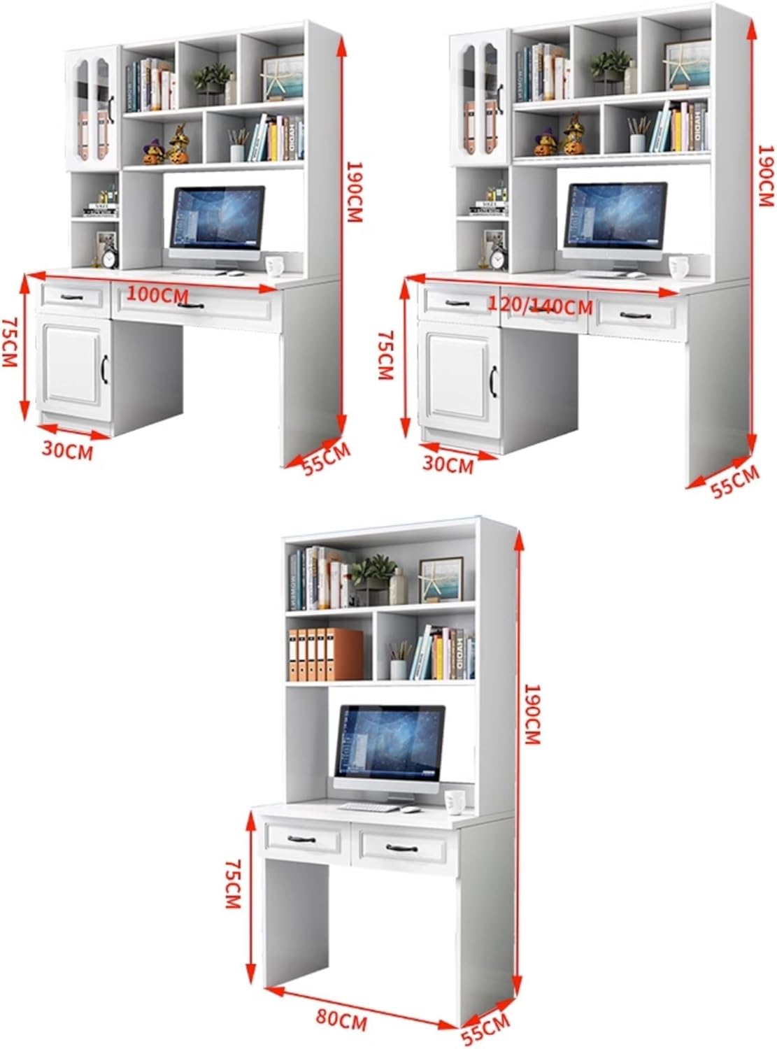 DOLUNTO Solid Wood Desk and Bookcase Combination Table, Modern Simple Study Table Desk, Home Office Desk (Color : Pink 100x60x190cm)