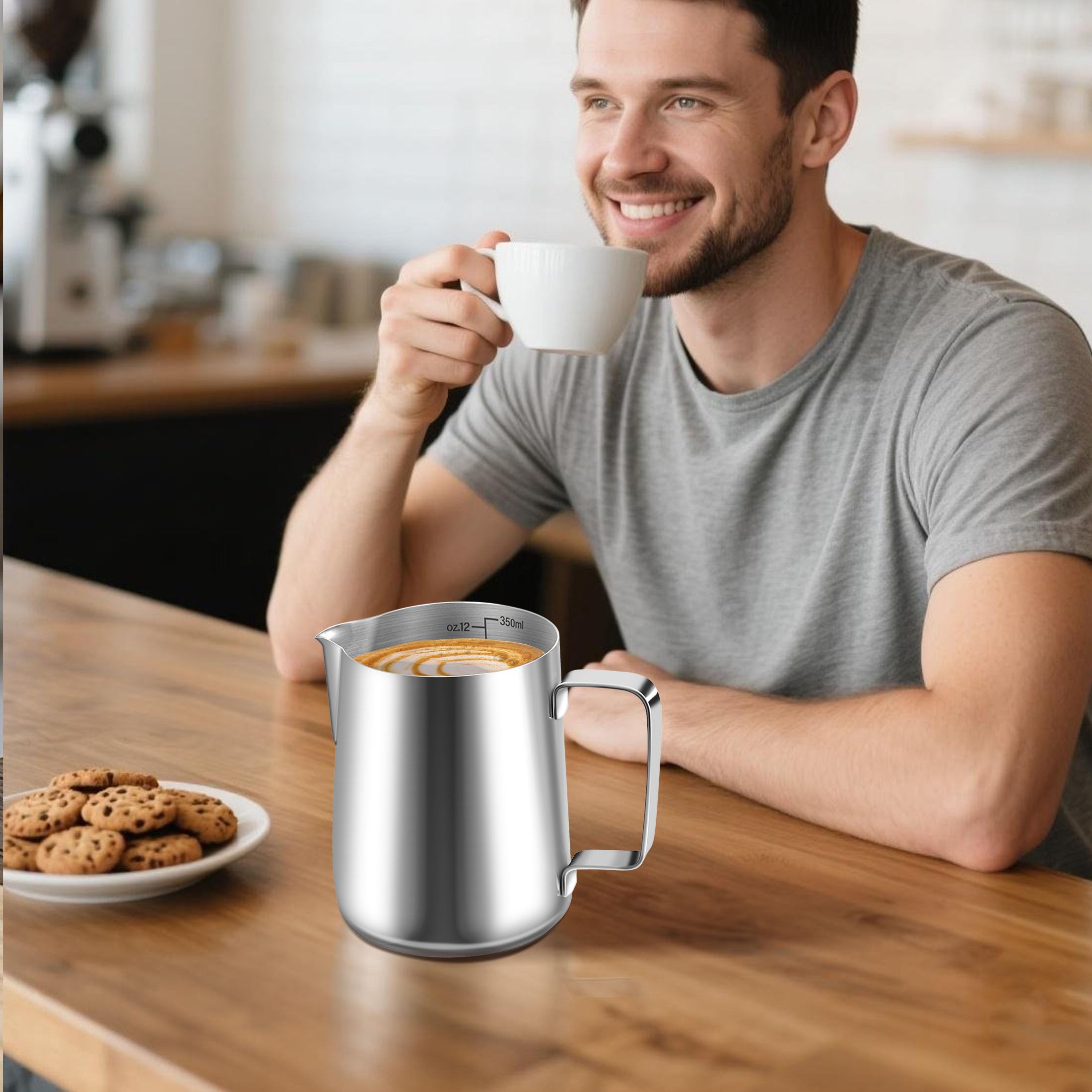 Dzbanek na mleko, 350 ml, ze stali nierdzewnej, z miarką, akcesoria barista, dzbanek na mleko do cappuccino, espresso, Latte Art, miłośników kawy, srebrny, 350 ml