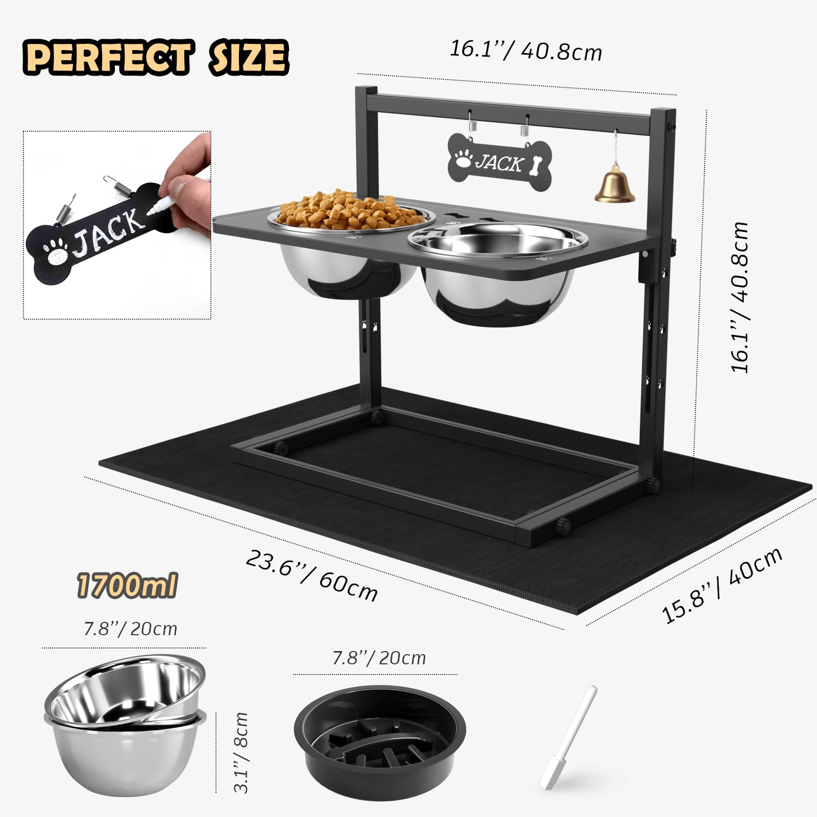 Cuencos elevados para Perros con comedero Lento, con Alfombrilla a Prueba de derrames, Altura Ajustable de 4.3 a 11.8 Pulgadas, Dos Cuencos de Acero Inoxidable de 1.7 L para Comida y Agua, Soporte