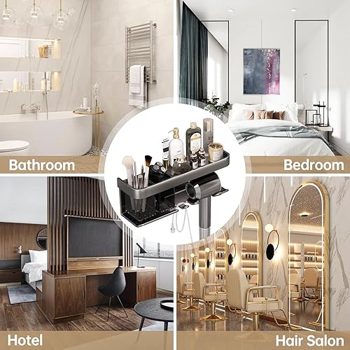 Miniatura 7 de Soporte para secador de pelo, organizador de secador de pelo, soporte para secadora de pelo, montado en la pared con estante para baño, salón,