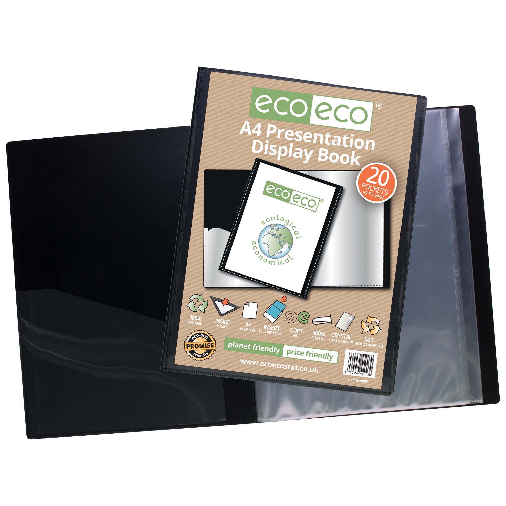 eco-eco Lot de 2 porte-vues A4 50% recyclé avec 20 pochettes en plastique Noir