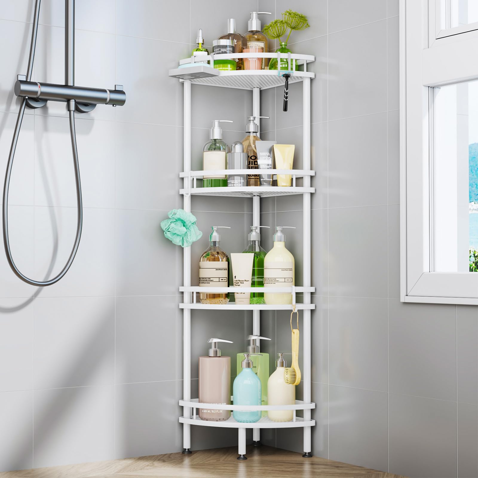 HapiRm Freestanding Shower Caddy Corner- 4-Tier Rustproof Shower Corner Shelves with Soap Tray and 4 Hooks, Space-Saving Bathroom Caddy for Bathroom Organiser with 4 Adjustable Feet and Hook