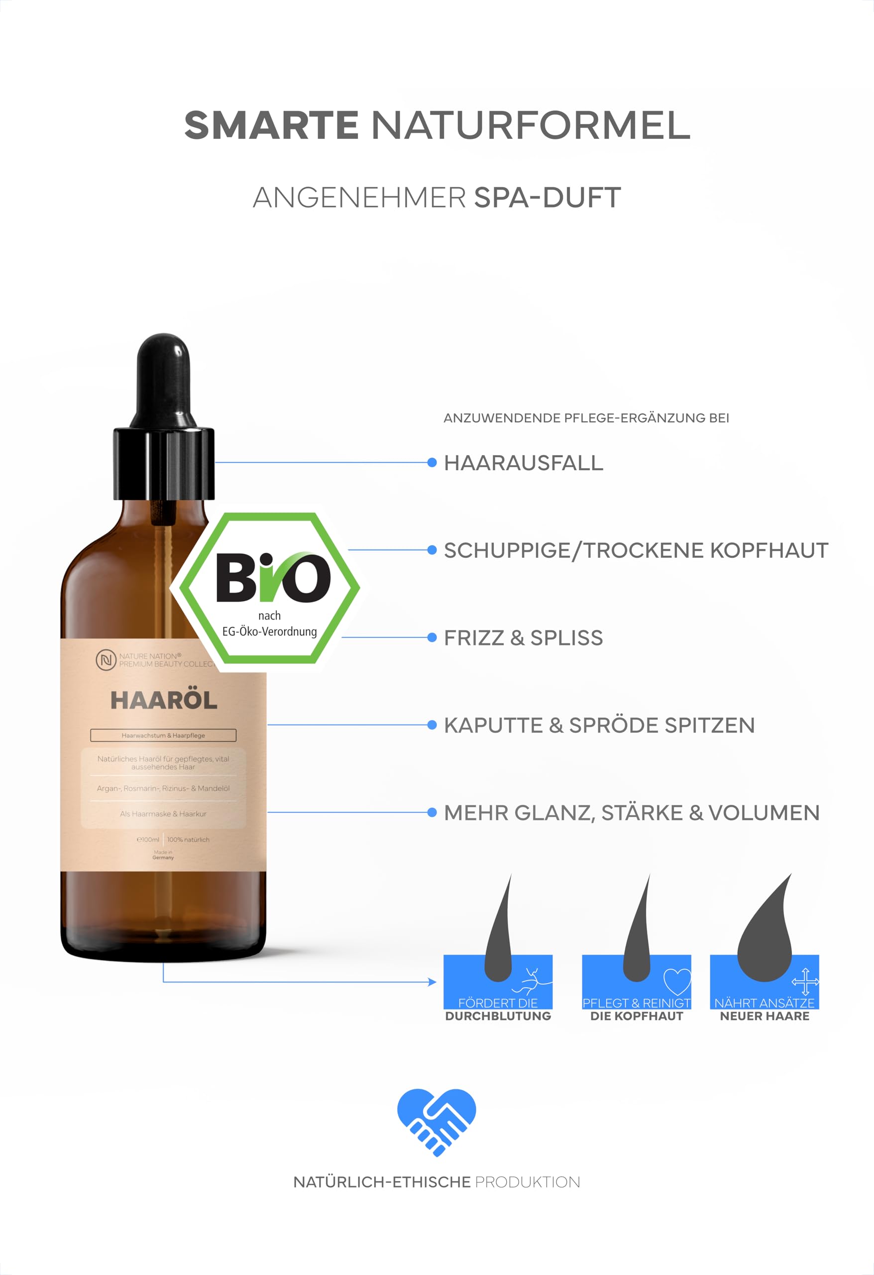 BIO Haaröl: Bei Haarausfall, Haarwachstum, Haarwuchs: Haare & Kopfhaut pflegen mit kaltgepresstem Arganöl, Rizinusöl, Mandelöl, Rosmarinöl (Rosmarin); Haarwuchsöl als Haarmaske & Haarkur (3 x 100ml)