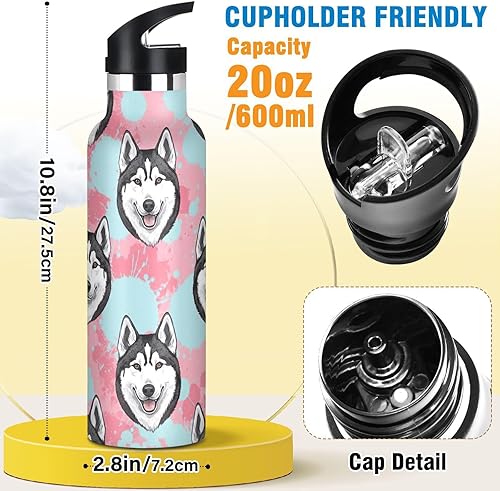 Miniatura 2 de Kids Water Bottle for School, Kids Stainless Steel Water Bottle for Travel or School 20 Oz, BPA-Free, Black White Husky Dog