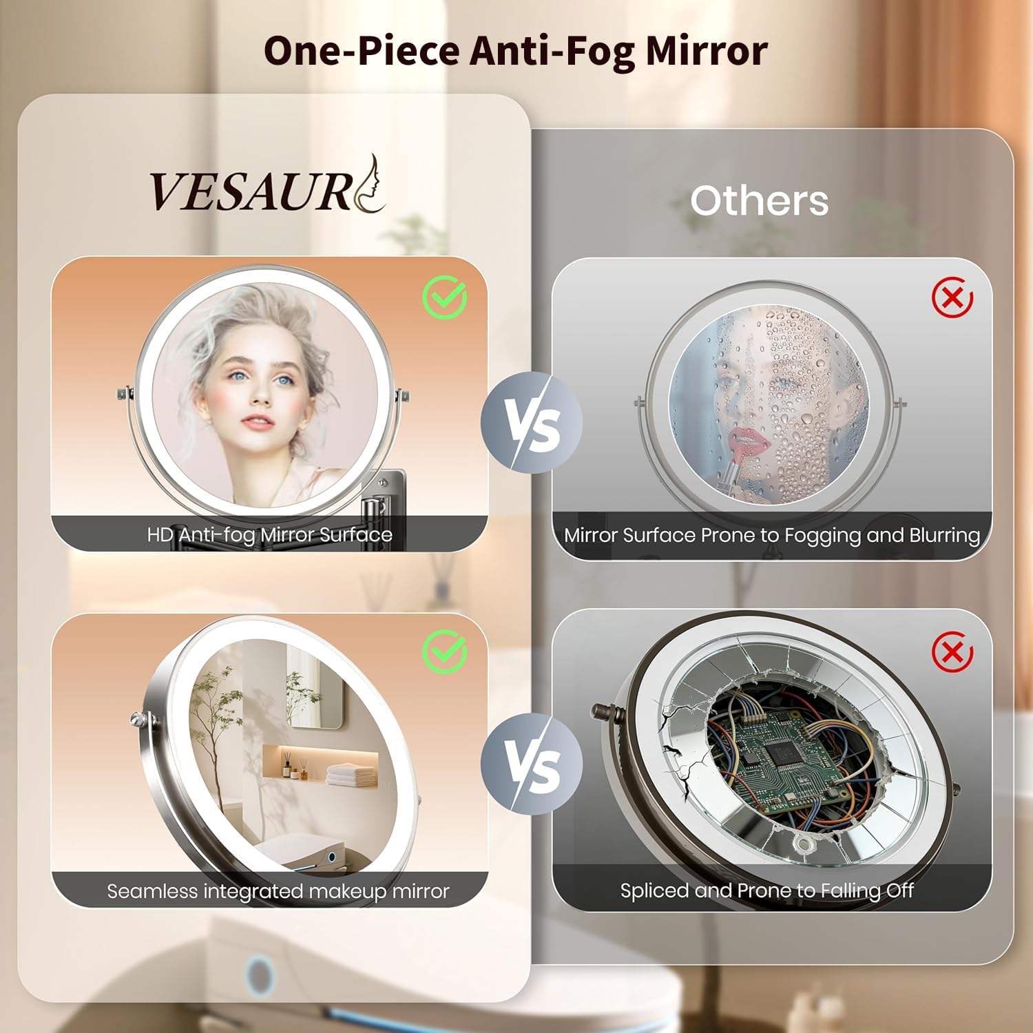 8.5" Wall Mounted Lighted Makeup Mirror, 3000 mAh Rechargeable Double-Sided 1X 10X Magnifying Mirror, 3 Color Lighting, Touch Screen Dimming, Extended Arm 360 Rotation Shaving Bathroom Mirror