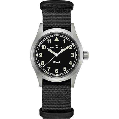 Hamilton Khaki Field Khaki Quartz Men's Watch, 38mm Stainless Steel Case, Swiss Made, Black Dial Analog Wrist Watch for Men, 50m Waterproof, Sapphire Crystal, Textile Strap