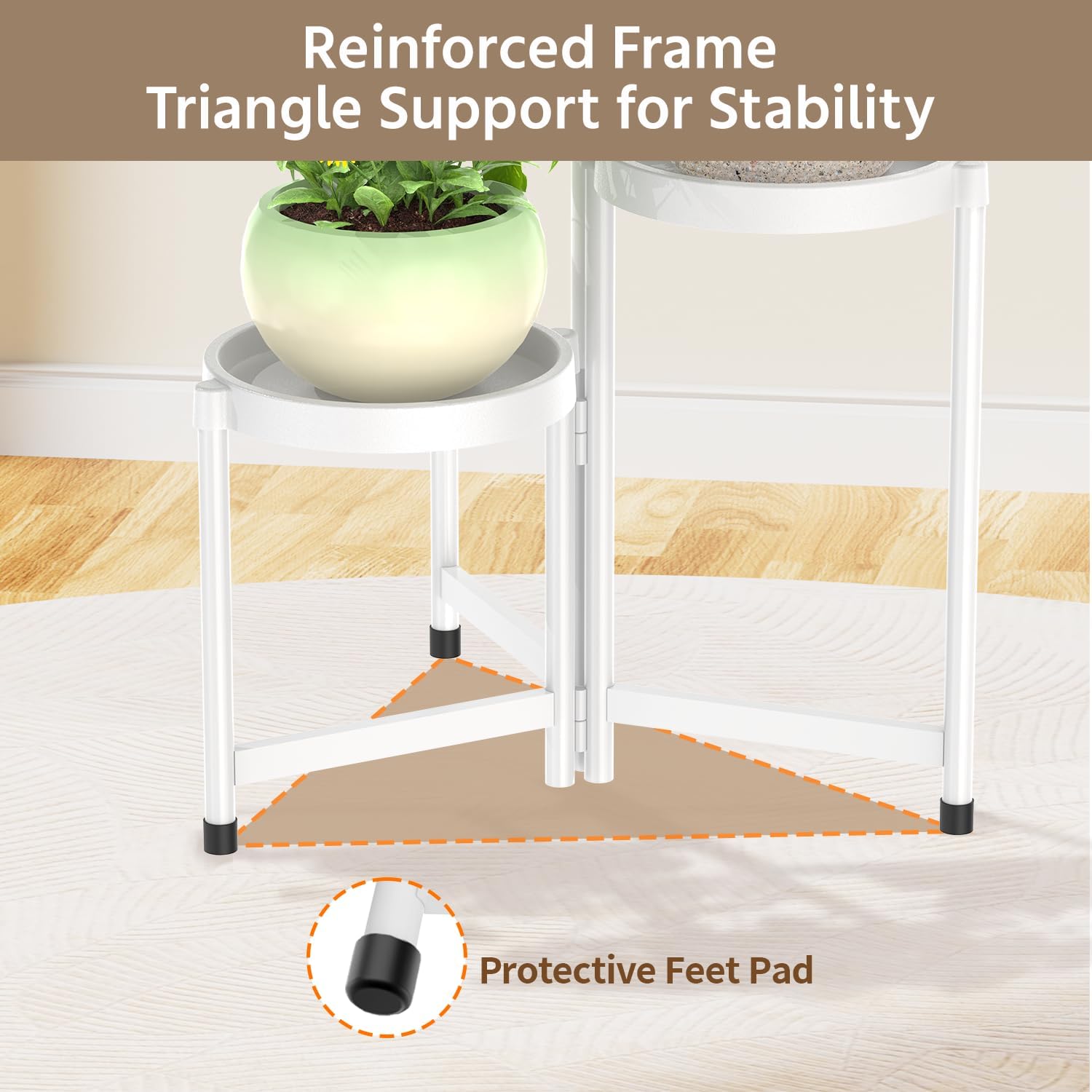 LASZOLA 3 Tiered Plant Stand Indoor Outdoor with Plastic Tray, Corner Folding Tall Flower Display Rack, Modern Plant Holder Shelf for Outdoor Patio Porch Garden Office Living Room, White
