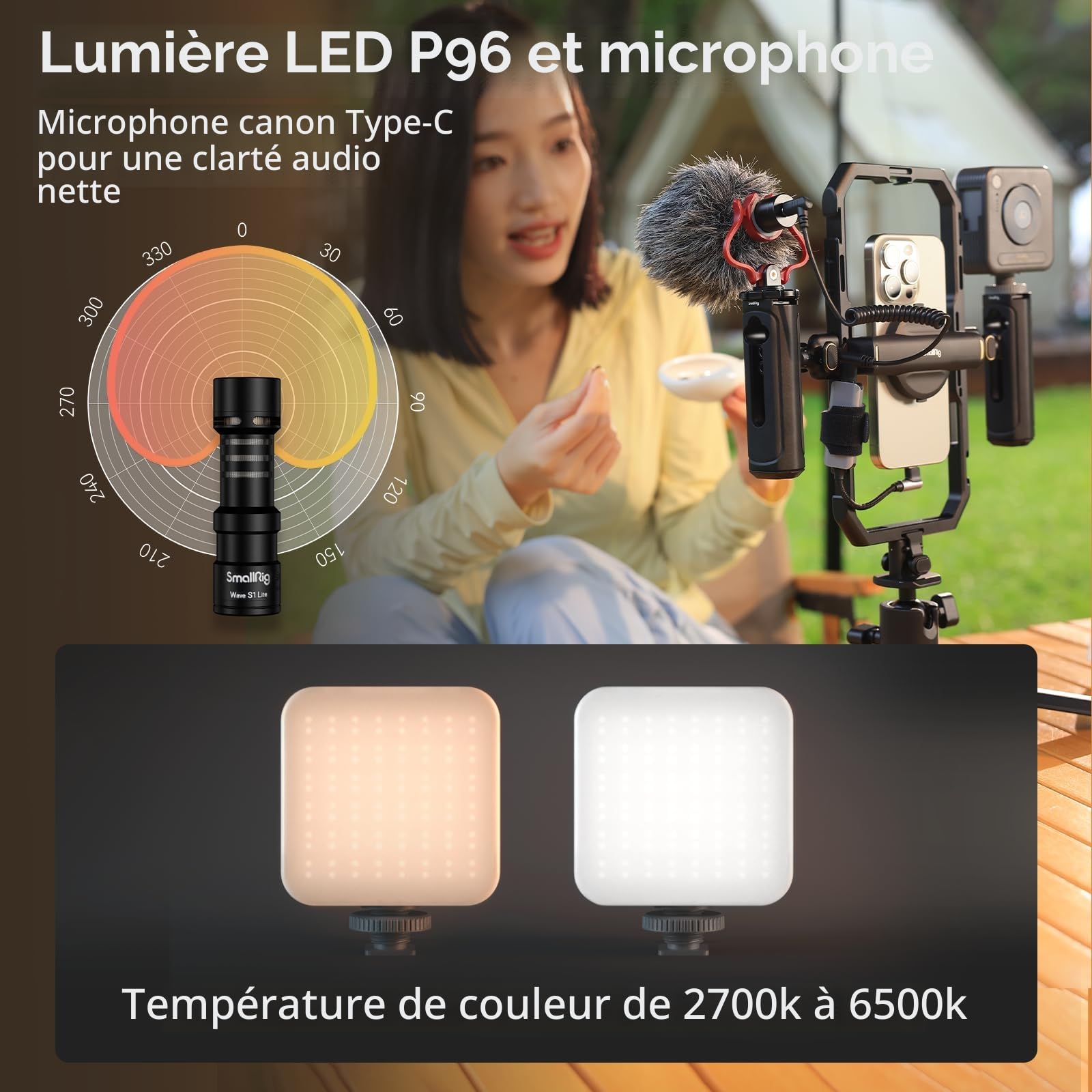 SMALLRIG Kit de Montage Vidéo Universel Tout-en-Un pour Téléphone avec Éclairage LED/Microphone/Trépied/Deux Poignées/Support de Batterie Externe, pour Vlogging et Diffusion en Direct - 4704