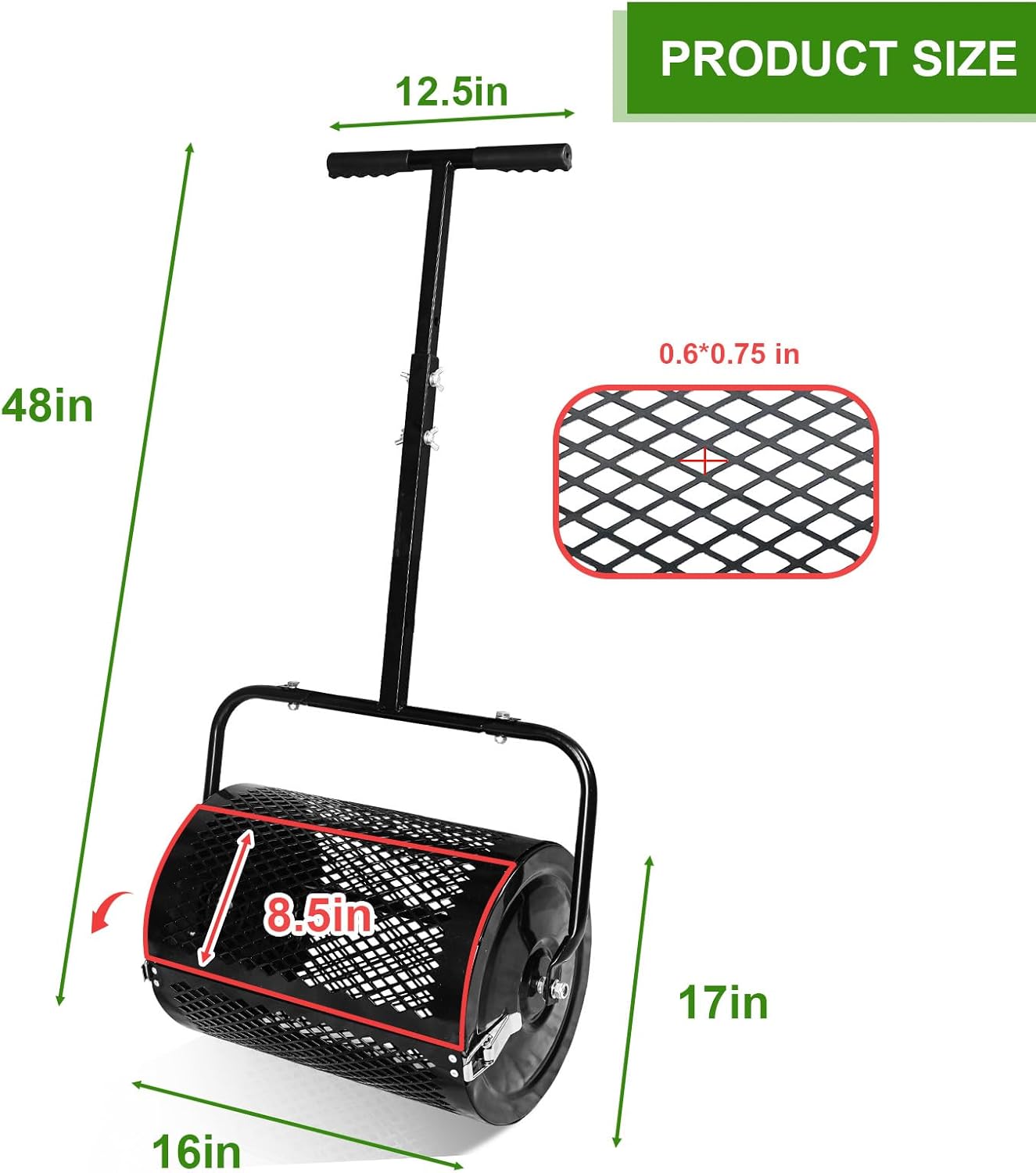 MAKEATREE 16 Inch Compost Spreader and Peat Moss Spreader, 16" Lawn and Garden Roller with Adjustable Handle, Steel Mesh Basket for Spreading Manure, Top Soil, Black
