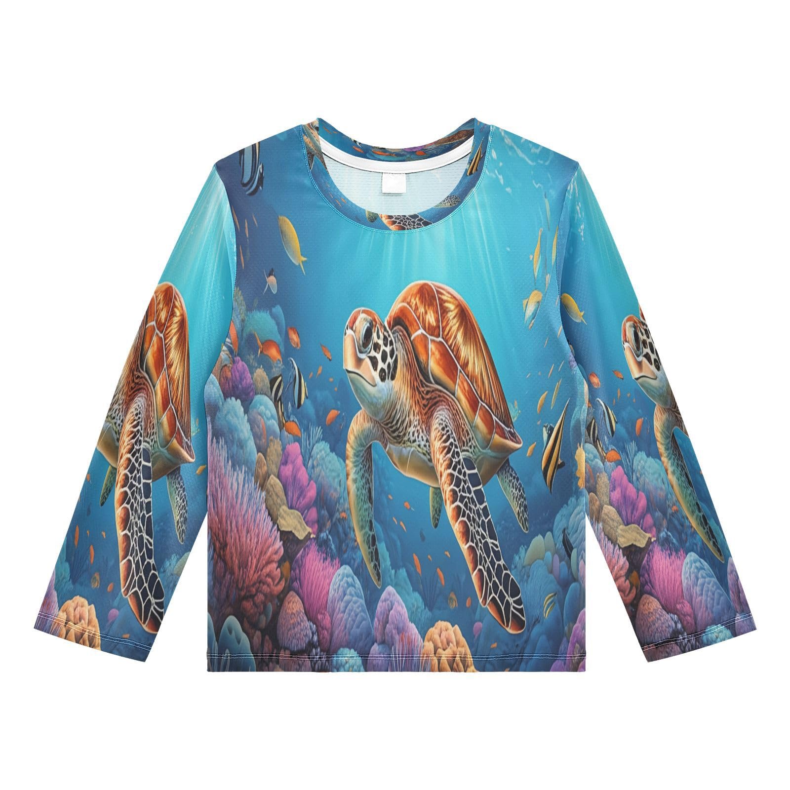 DOMIKING Sea Turtle Coral Blue Boys Long Sleeve Rashguard Shirt Kids Quick Dry Swim Shirt for Running Swiming Pool 9-10T