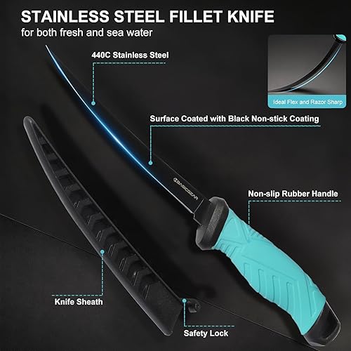 Vista 5 de BasicGear Juego de herramientas de pesca - Alicates de 7 pulgadas, pinza de labio de pez de 9.5 pulgadas, tijeras de 4.5 pulgadas, cuchillo