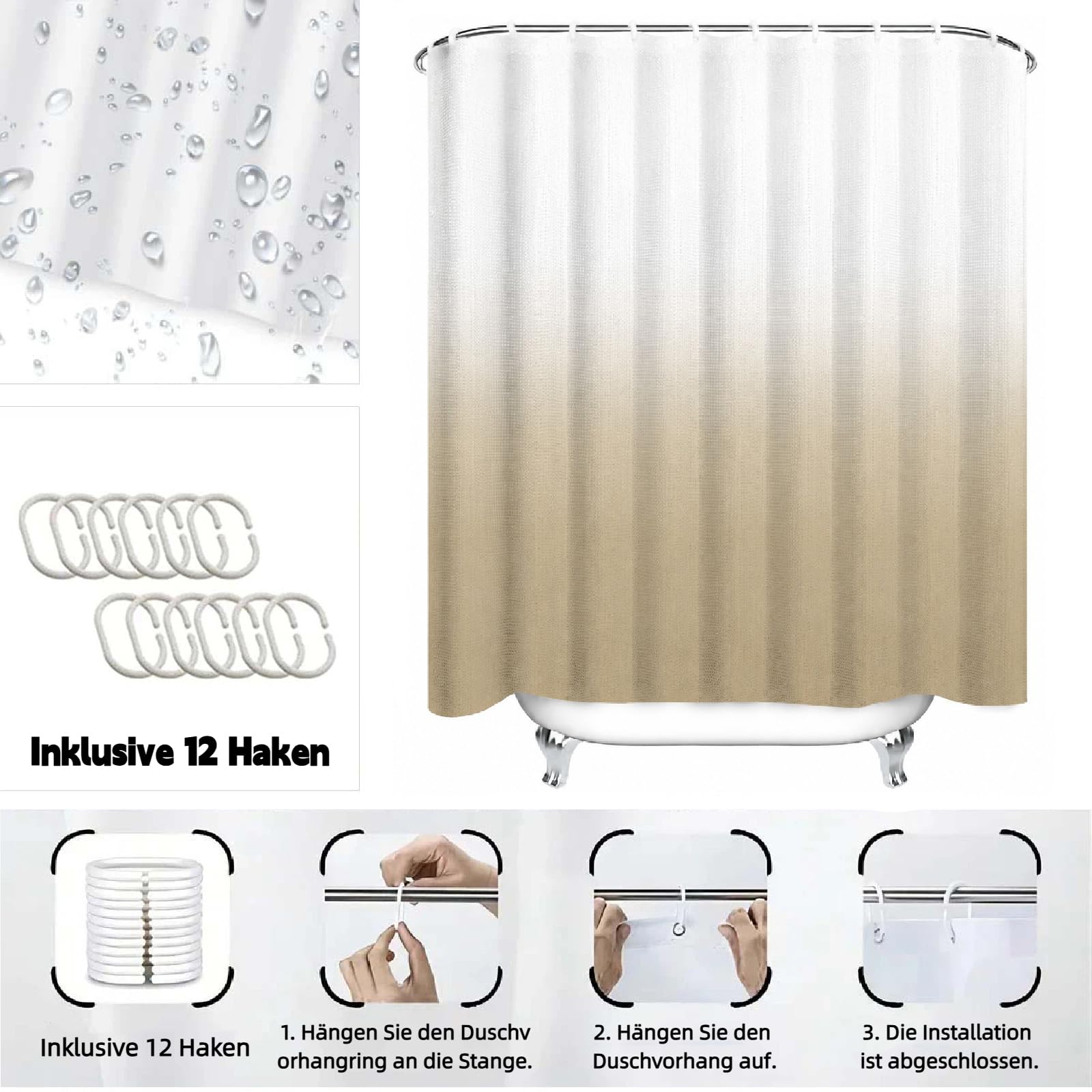 Tenda da doccia da 200 x 260 cm, marrone, ombré, moderna, antimuffa, lavabile, impermeabile, in poliestere, con 12 ganci, per docce e vasche da bagno