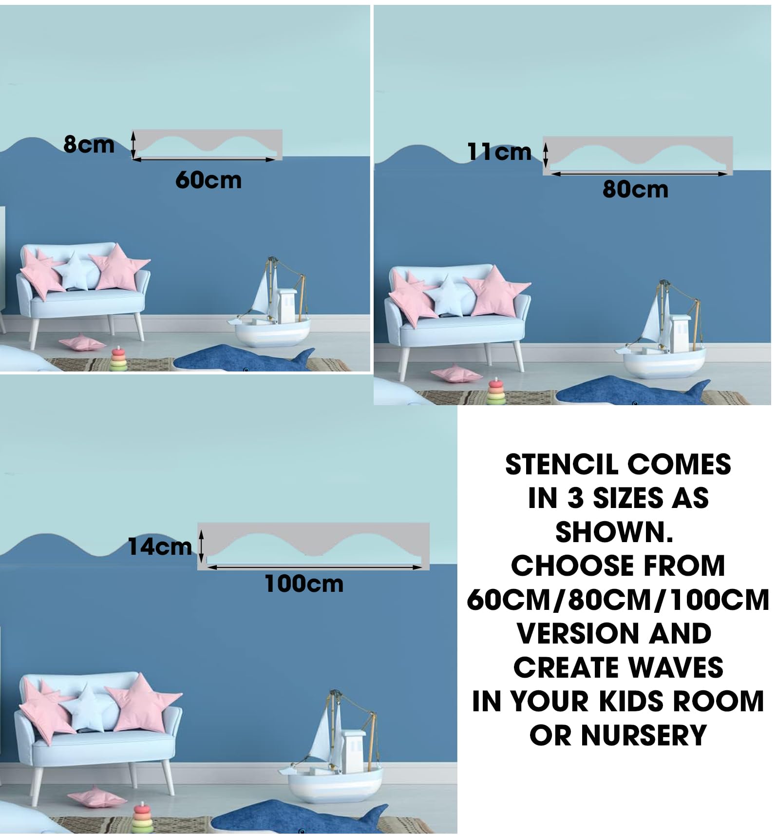 Ideal Stencils Pochoir pour bordure murale Motif vagues calmes Taille 80 cm