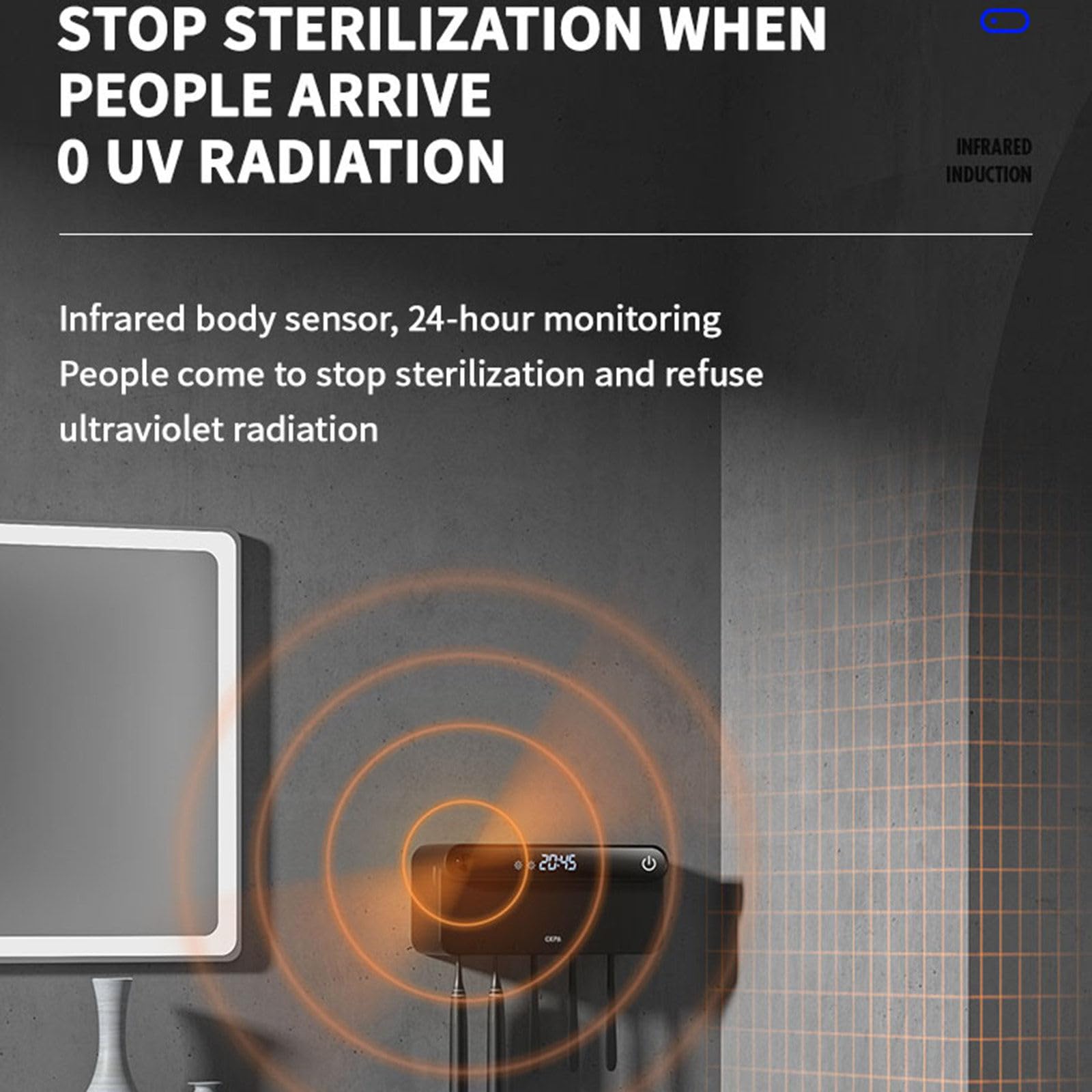 Soporte para Cepillo de Dientes UV, Soporte para Cepillo de Dientes eléctrico Inteligente sin perforación con detección de Cuerpo Humano,White