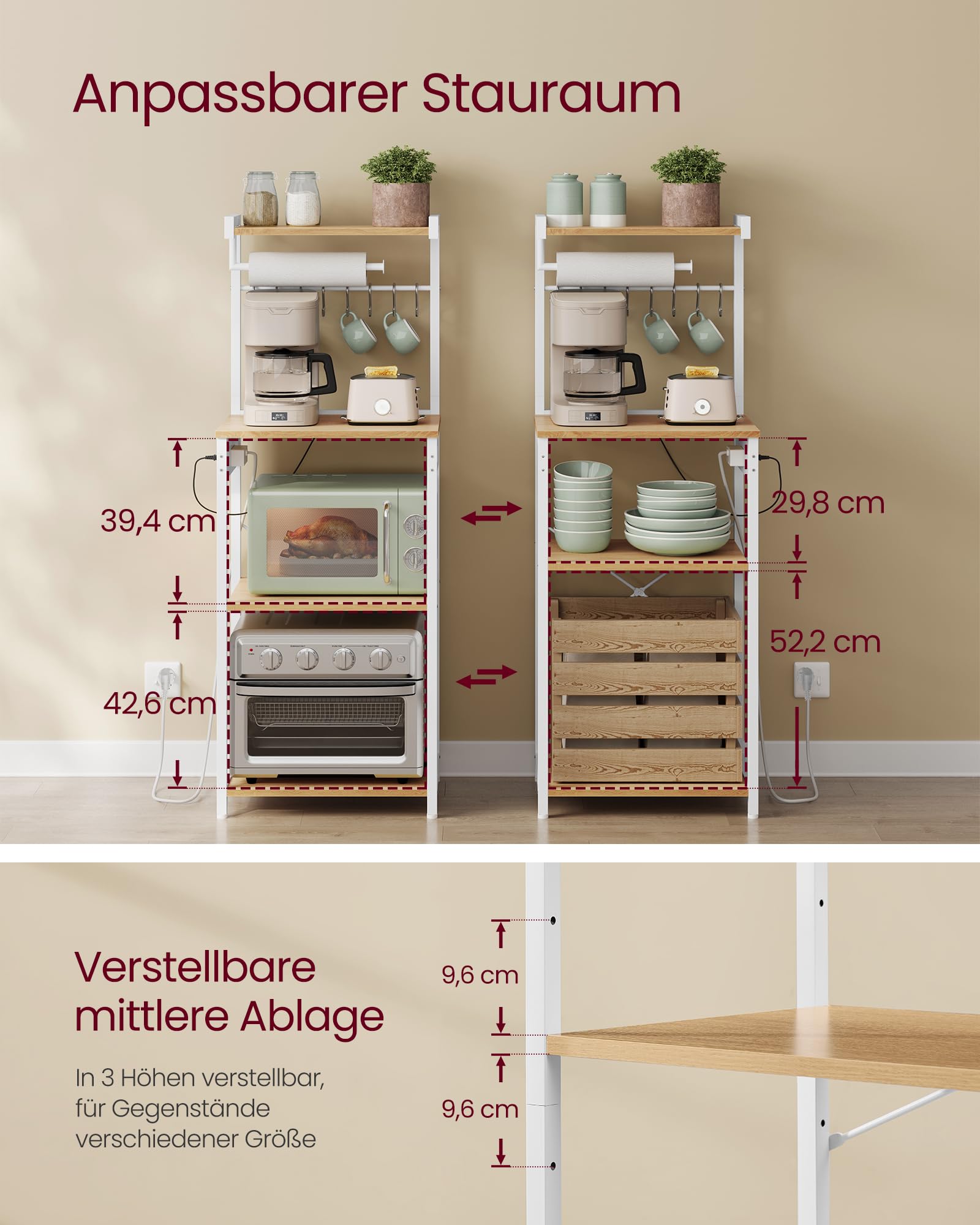 VASAGLE Küchenregal mit Steckdosen, Standregal, Kaffeebar mit 4 Ebenen und 8 S-Haken, Mikrowellen-Regal, verstellbare Ablage, 40 x 45 x 140 cm, goldeichenfarben-wolkenweiß KKS013YA02