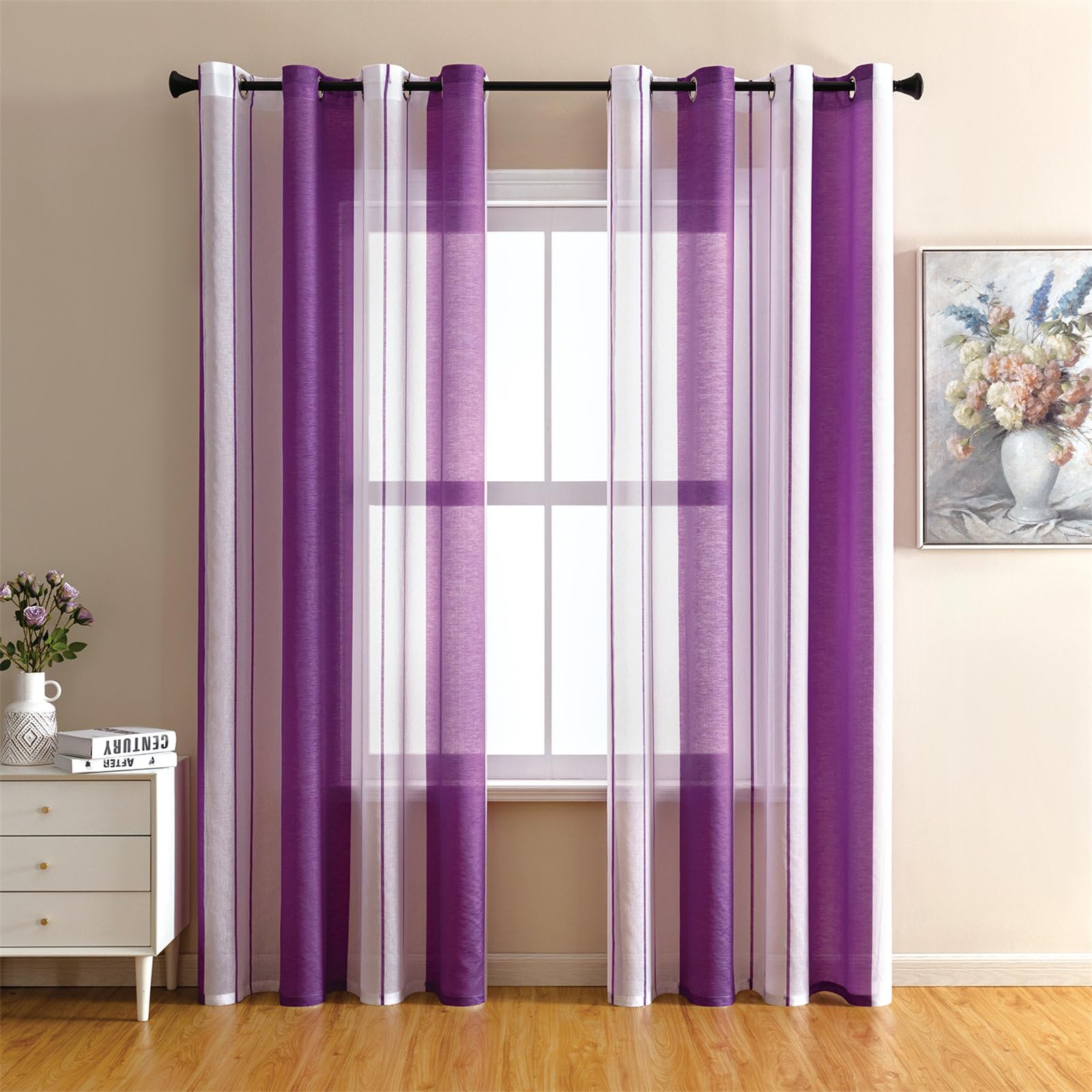 Translucidas Cortinas Salon, Dormitorio, Cocina - Cortinas y Visillos Estilo Nórdico Sencillo, Visillos Cortos para Ventanas, 2 Piezas Cortina con Ojales (140x145cm,Púrpura)