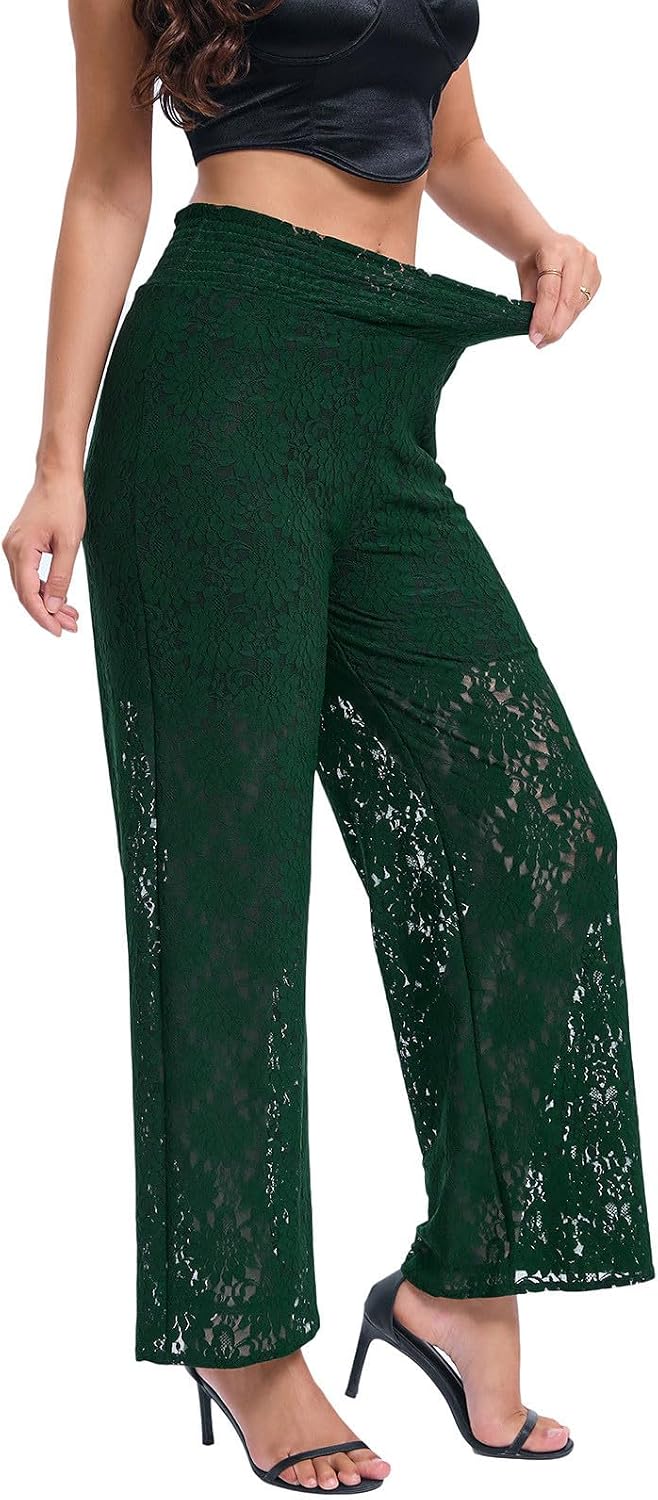 Women Sexy See Through Lace Pants Sheer Mesh Elastic High Waist Wide Leg Pants Hollow Out Party Vacation Trousers