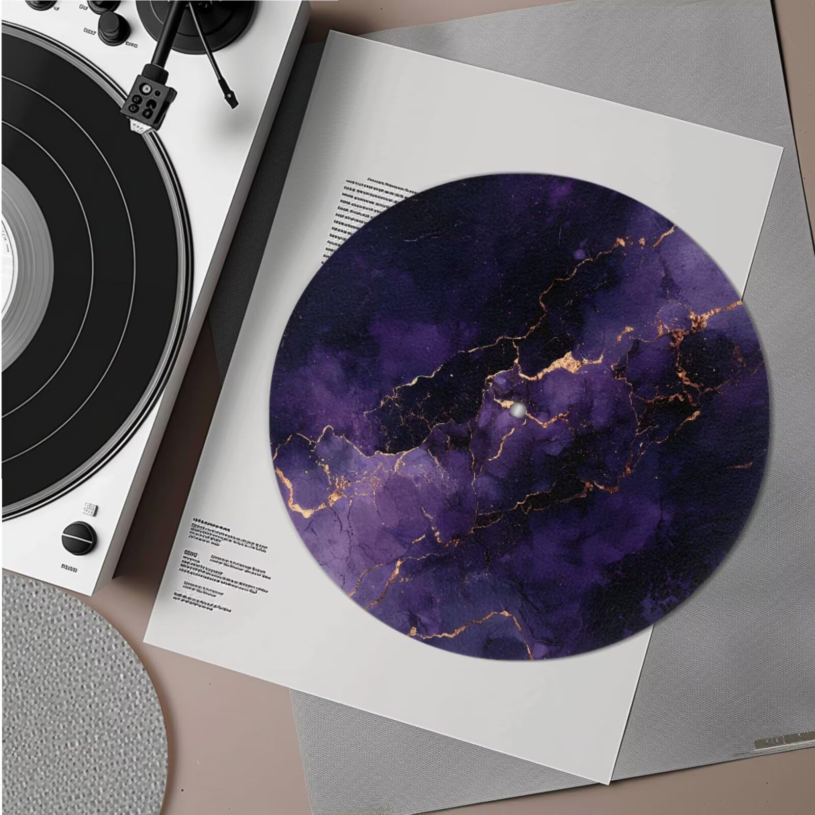 Qehuruxo 2 Piece Turntable Platter Mat Felt Rubber Slipmat for 12 Inch Record Player Antistatic Flat Record Player Phonograph Mat Protective Turntables Mats for Vinyl Records Purple Marble