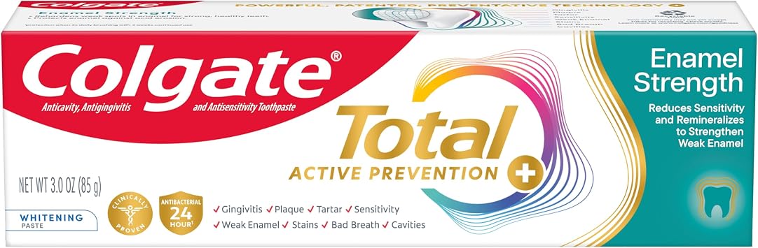 Colgate Total Enamel Strength Repair and Remineralizing Toothpaste, 3 oz | Strengthens Weak Enamel, Reduces Sensitivity, Whitens, Removes Plaque and Tartar, Fluoride Formula, Peppermint Flavor