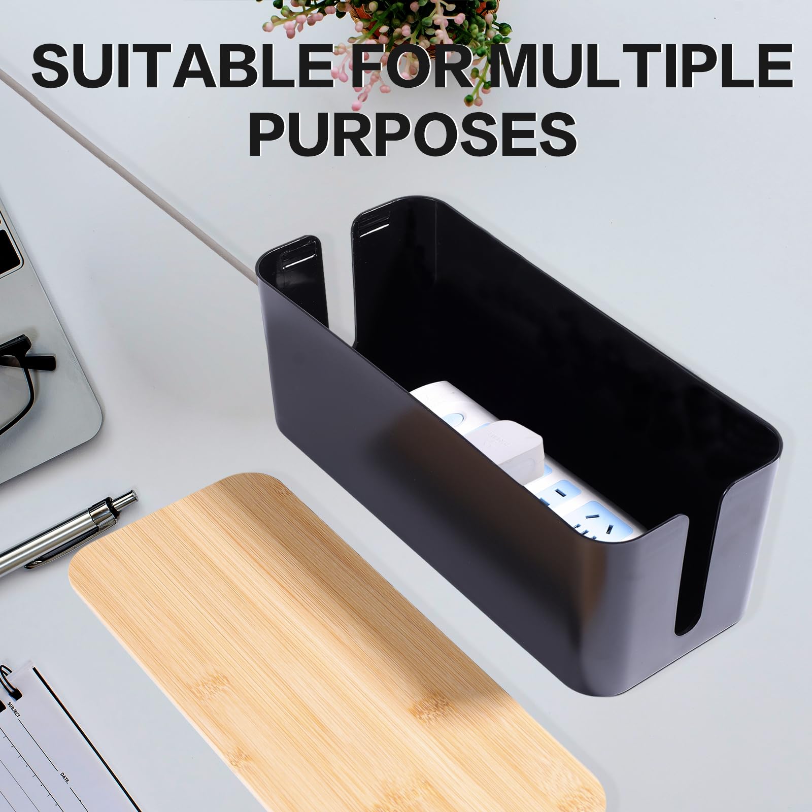 Scatola Organizzatrice Cavi In Bambù - Con Coperchio Per Cavi E Ciabatte, 32x13.5x12 Cm - Foto 3