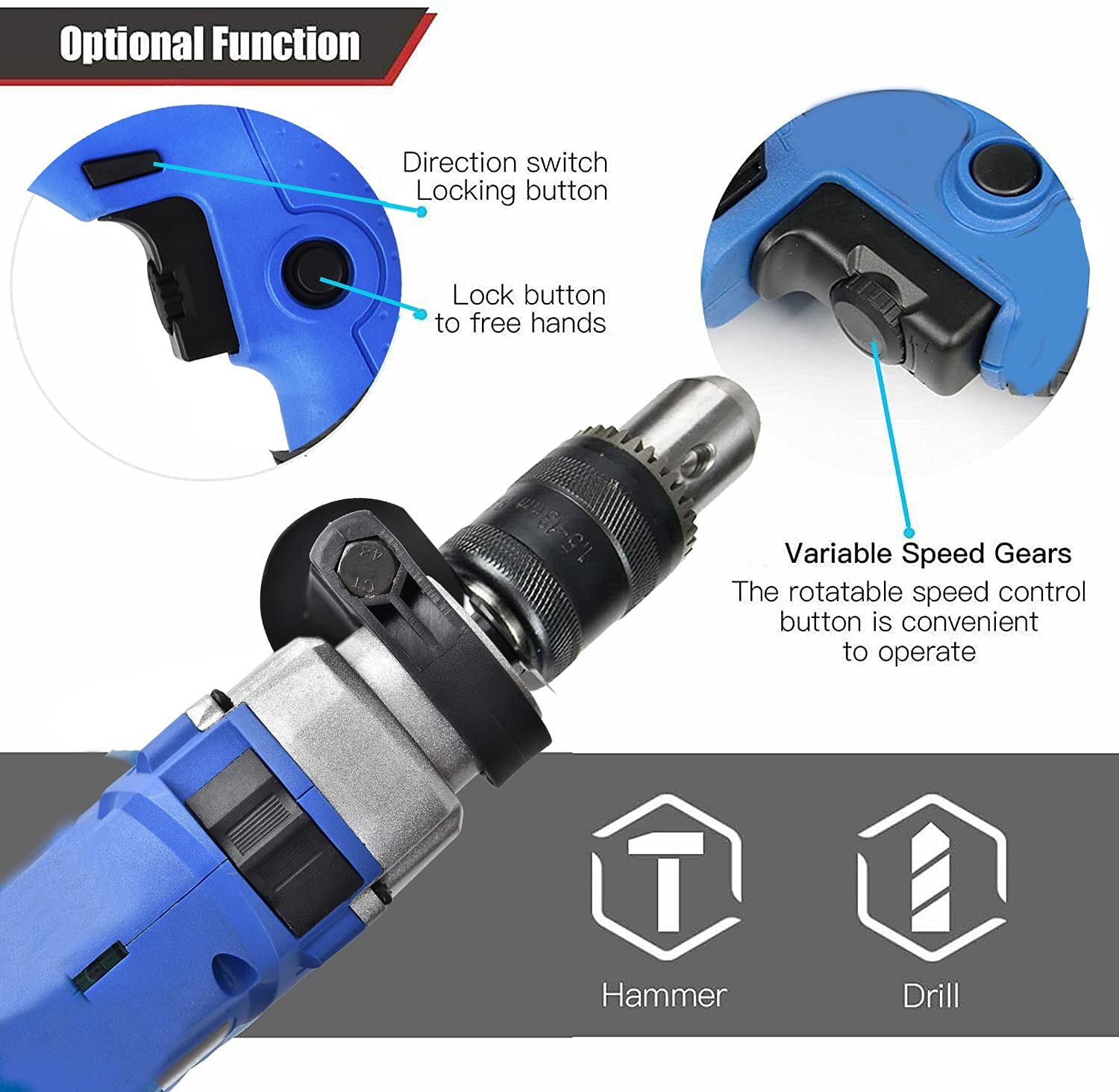 Taladro percutor de 850 W, 230 V, 3000 RPM, velocidad variable con mango, rotación de 360°, incluye accesorios