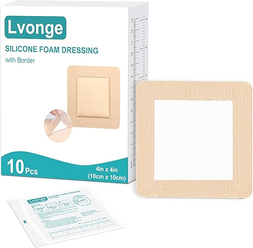 Apósito de espuma de silicona de 4 x 4 pulgadas (10 unidades) con borde adhesivo, apósitos para el cuidado de heridas, altamente absorbentes,