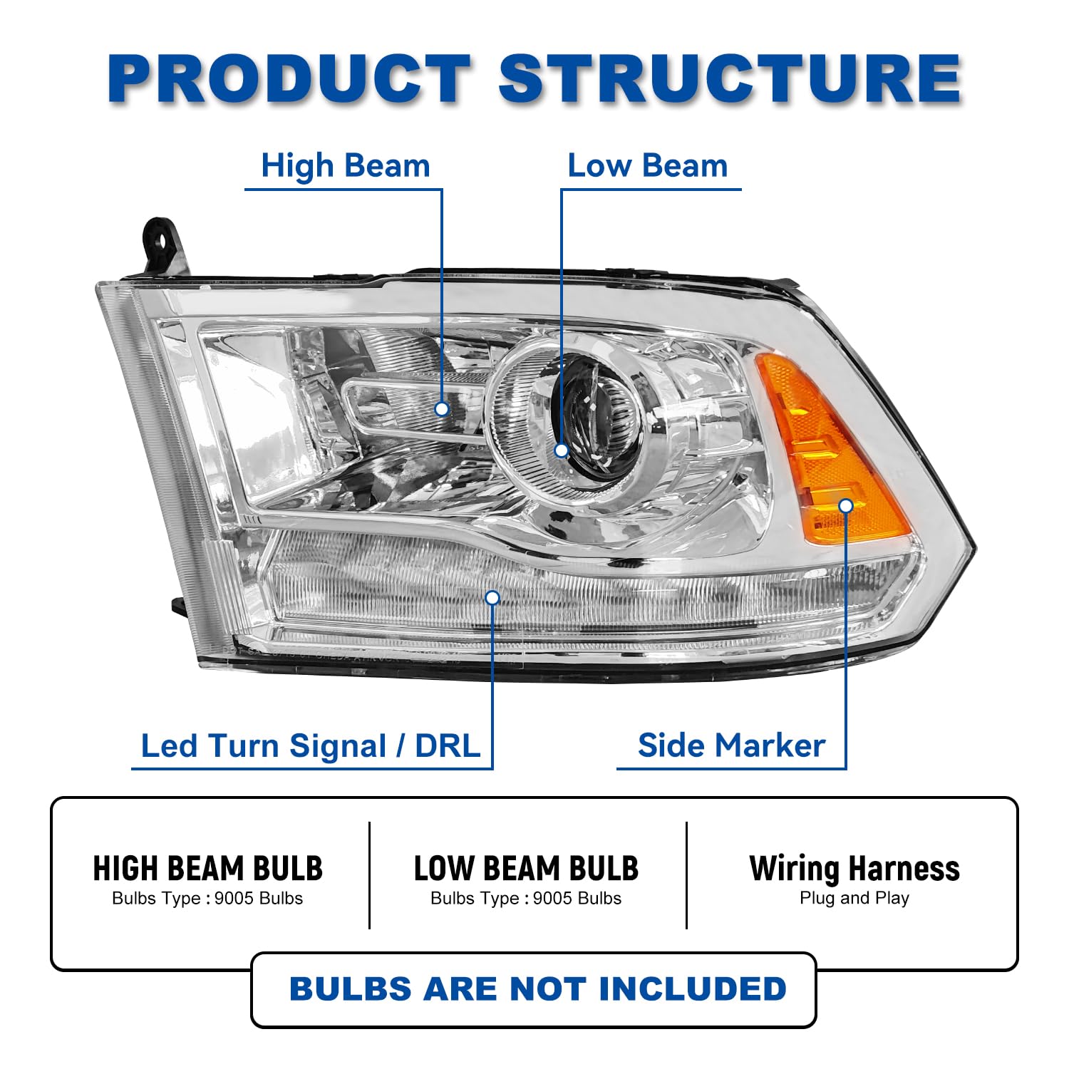 LED Signal Headlights Assembly For 2013-2018 Dodge Ram 1500 2500 3500 Pair Halogen Headlamps (Chrome)