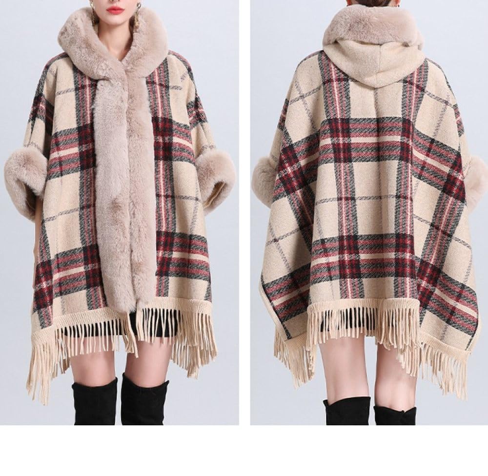 Damen Cape Poncho mit Kunstpelz,warmer,mit Fleece gefütterter Weihnachts Poncho Umhang,Schal,karierter Quastenpullover,Schalwickel,Strickjacken mit offener Vorderseite, Deckenmantel für Frauen,Her
