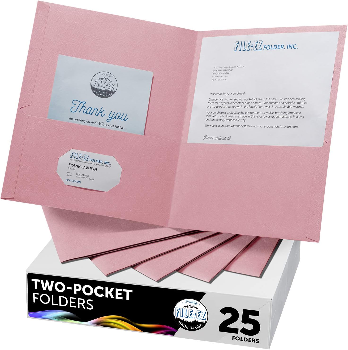 FILE-EZ Two-Pocket Folders, Pink Color, 25-Pack, Durable Textured Paper with Matte Finish, Letter Sheet Size (EZ-32590)
