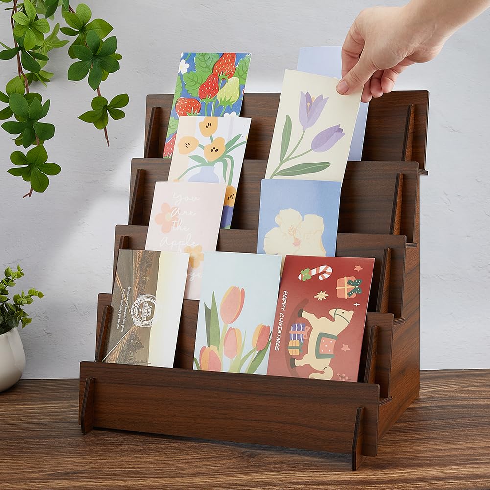DICOSMETIC Présentoir de Cartes de Vœux en Bois à 4 Niveau avec Support D'Autocollants Présentoir de Cartes de Vœux Support de 4cm Organisateur de Bijoux Porte Boucles d'oreilles Marron
