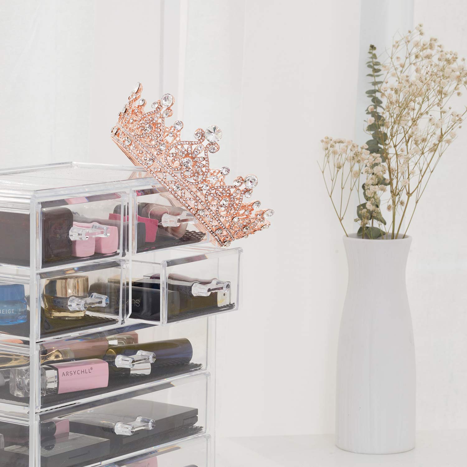 DELFINO Rose Gold Crowns, Women Queen Crown, Tiaras Rhinestone Wedding Crown Tiara Costume Party, Hair Accessorie Birthday Pageant Prom, Bridal Decoration