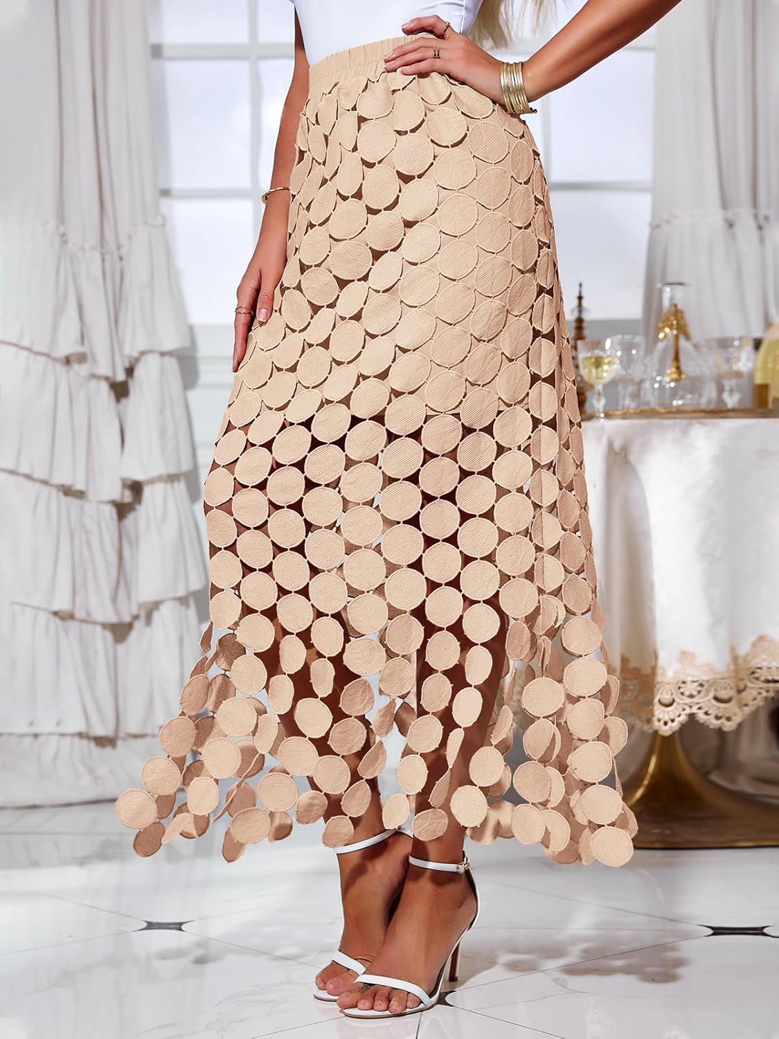 Cicy Bell Womens Hollow Out Maxi Skirts Summer High Waisted Boho Fringe Hem Long Skirt - Image 2