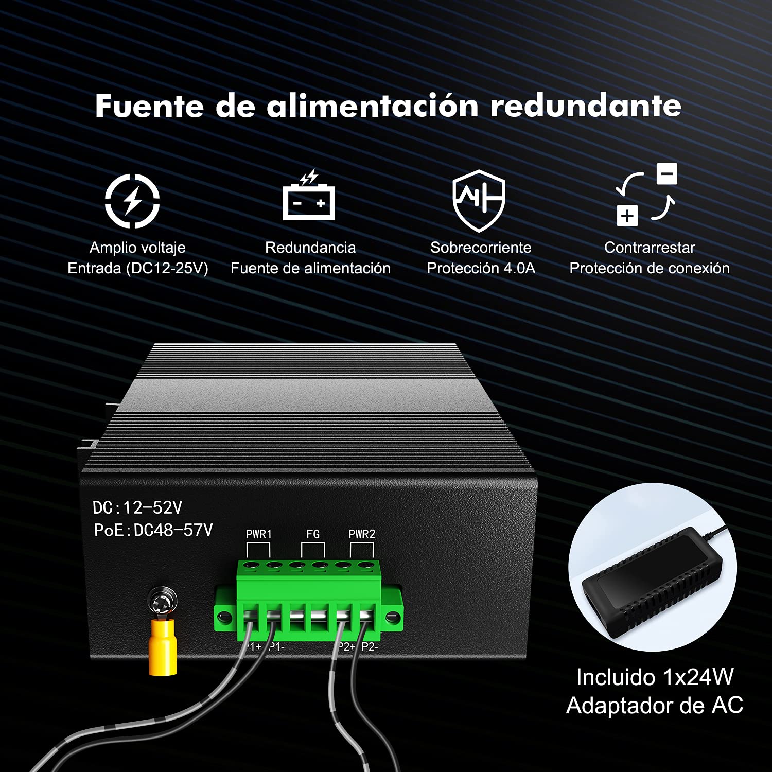 mokerlink 8 Puertos Gigabit Ethernet Switch Industrial de Carril DIN, Capacidad de Conmutación de 16Gbps, No Administrado IP40 (-40 a 185 °F), con Fuente de Alimentación