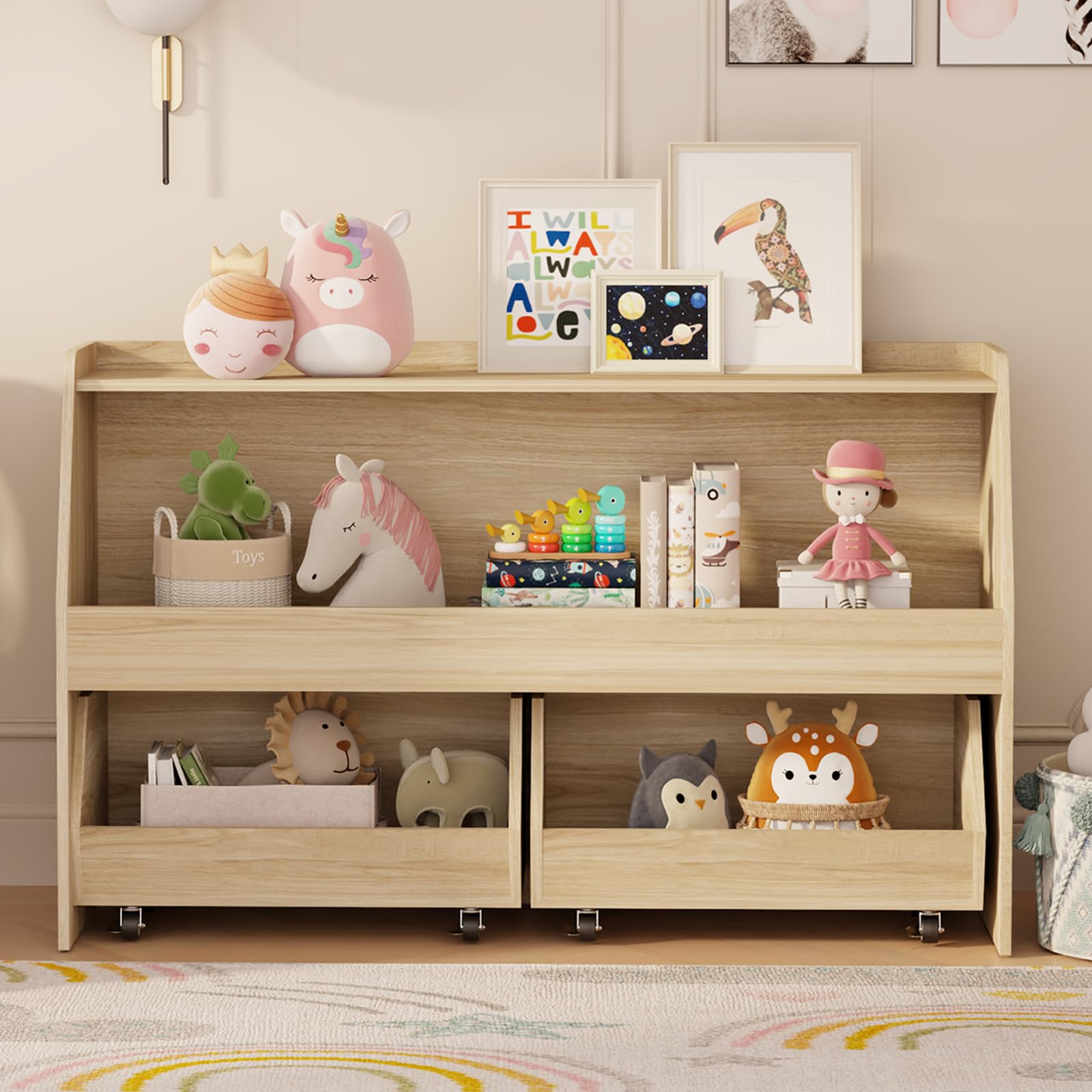 COZPAW Toy Storage Organizer, 2 Tier Montessori Shelf with Movable Bins, Toy Organizers Book Shelf for Kids Room, Playroom, Nursery (Wood)