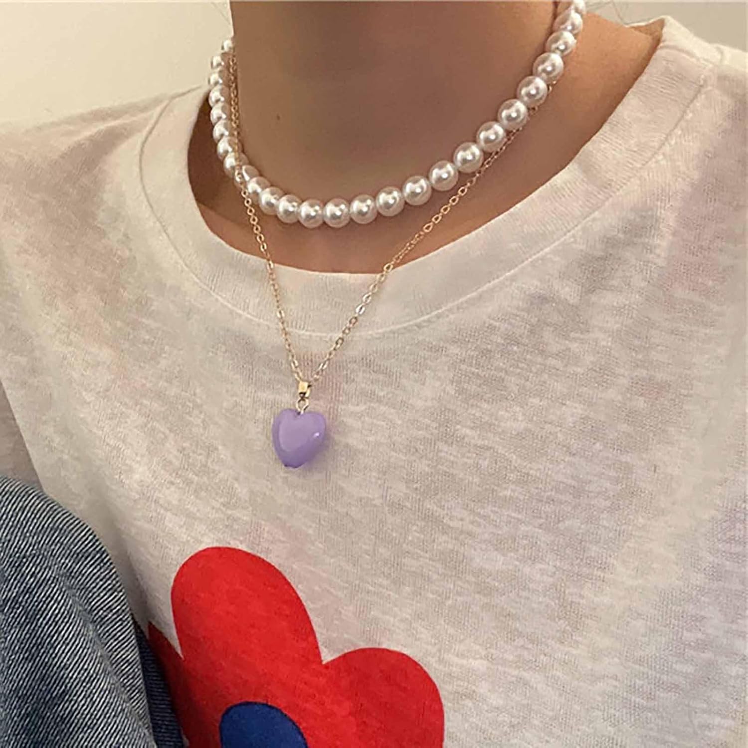 Andelaisi Boho Layered Heart Pendant Necklace Vintage Pearl Bead Choker necklace Pink Love Heart Necklace Adjustable Puffy Heart Chain Necklace Jewelry for Women - Image 2