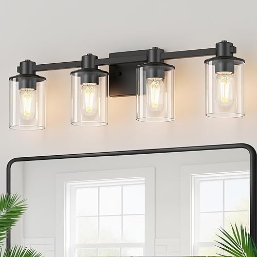 Miniatura 26 de DORESshop Lámpara de tocador de baño de 4 luces sobre el espejo, lámparas de baño negro mate con pantallas de vidrio transparente, luces modernas