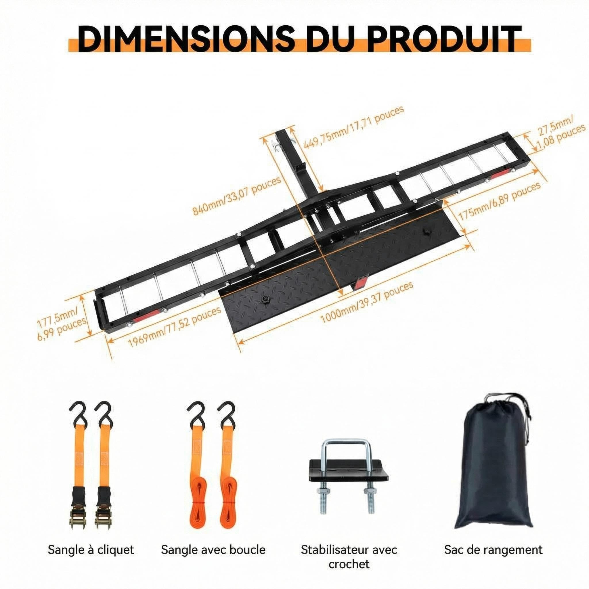 GarveeTech Porte-Bagages Moto 270kg, Rampe + Anti-Bascule, Uniquement pour Attelage Carré Américain 5cm (Standard US, Non Sphérique), pour Moto