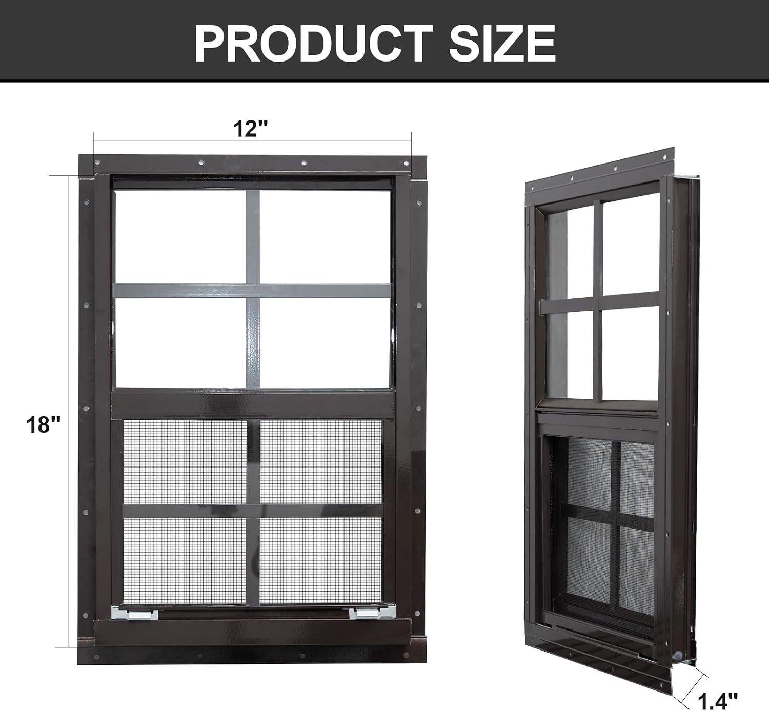 NeatiEase 2 Pack Shed Windows with Black Frame, 12x 18 Flush Mount Small Window with Tempered Glass and Fiberglass Screen for Shed, Chicken Coop, Playhouse, Household, Garage (Brown) image 5