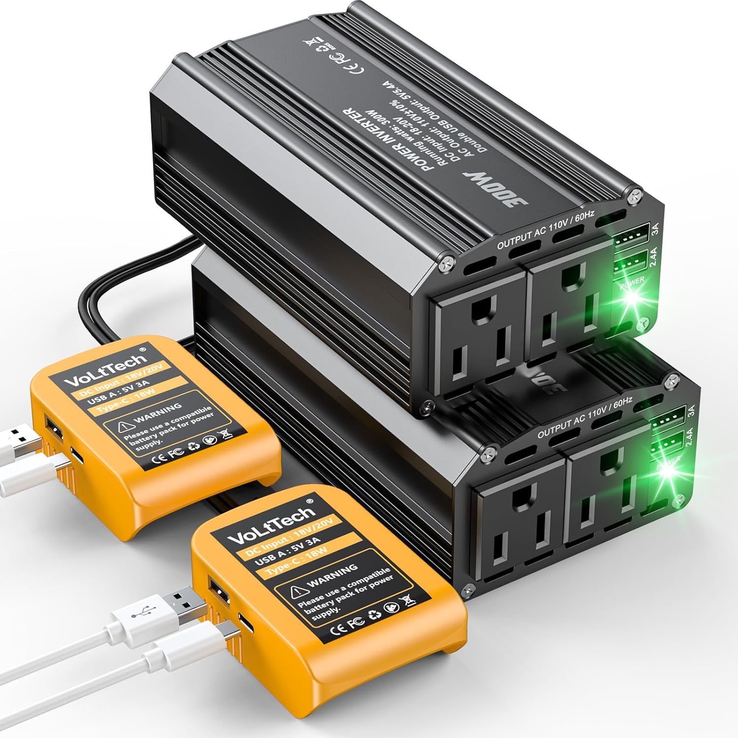 2PCS 300W Power Inverter 20V to 110V Compatible With Dewalt: VoLtTech Portable Battery Inverter Phone Charger Adapter with 2 AC Outlet & 2 USB Ports for Car, Vehicles, Laptop, Computer, Tools, Camping