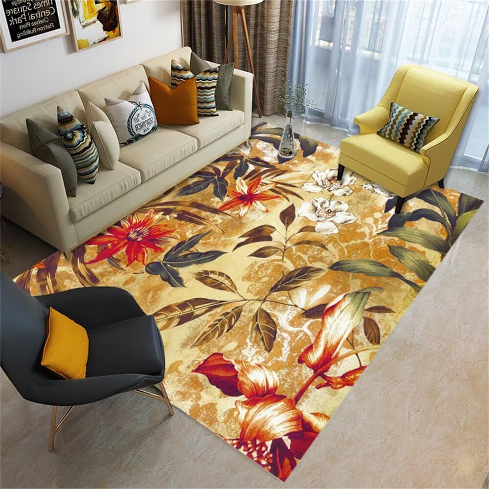 Tapis de jeu enfant 240x280cm jaune et vert floral pour grand salon et chambre d'ados