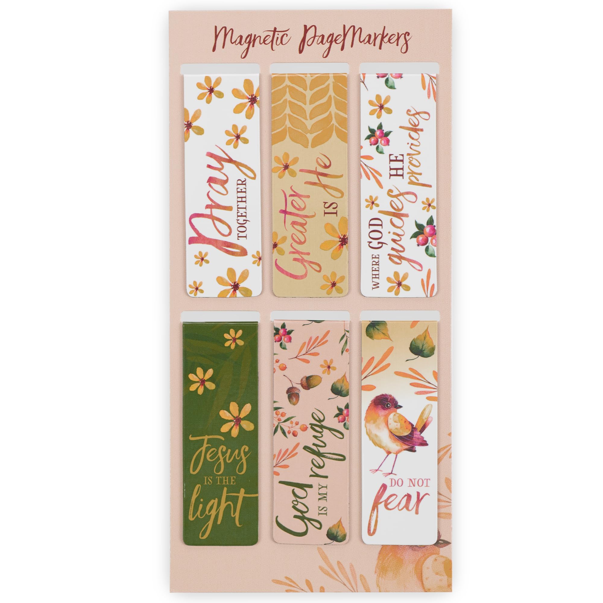 Christian Art Gifts Set of 6 Beloved Scripture Favorites w/Autumn/Fall Acorns Inspirational Magnetic Bible Verse Bookmark with Scripture, Size Small 2.3" x .75"