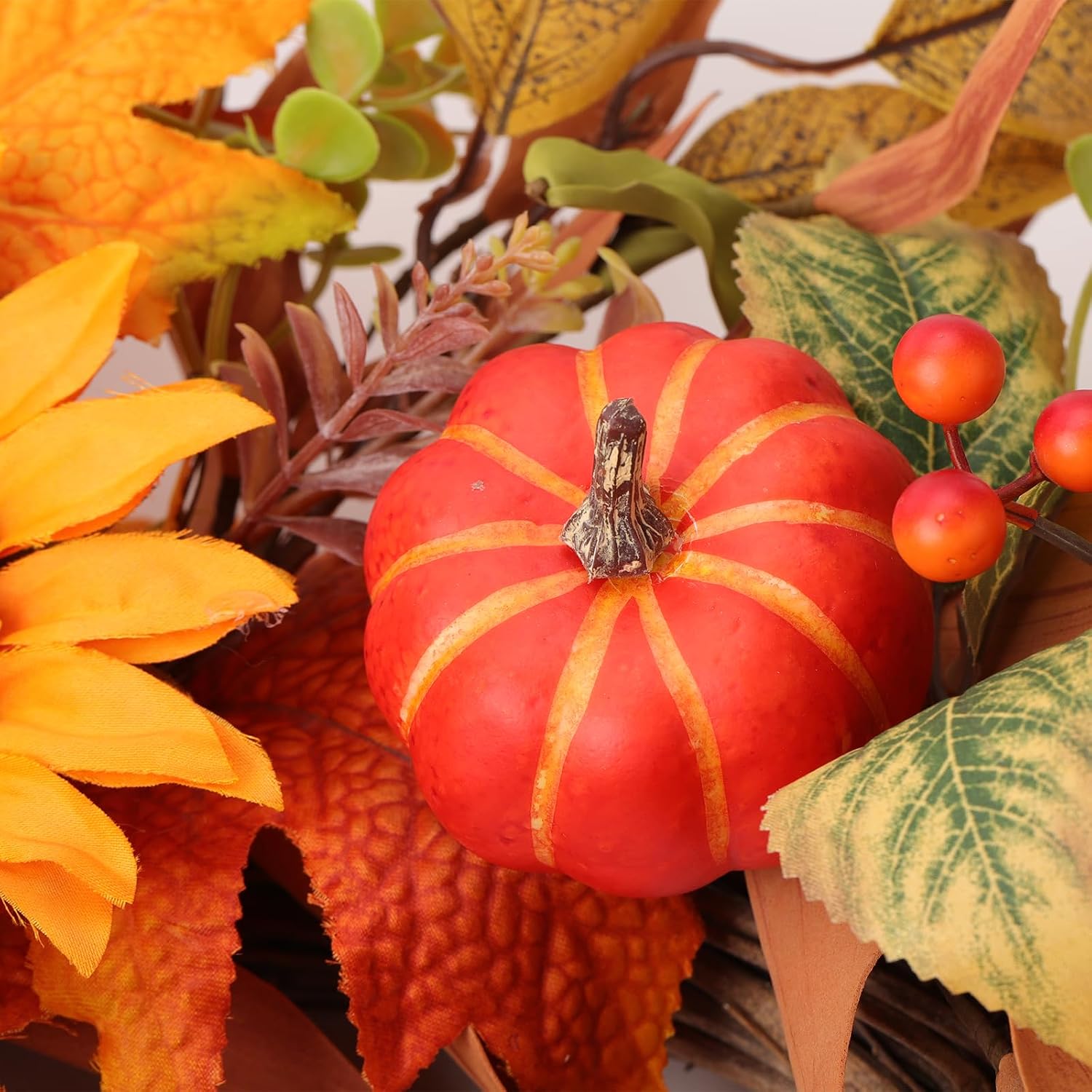 zjlmit Fall Wreaths for Front Door 24 Inch Artificial Fall Wreath with Orange Pumpkins Berries Maple Leaves and Grapevine Base Autumn Sunflower Wreath for Porch Harvest Festival Thanksgiving Day Decor
