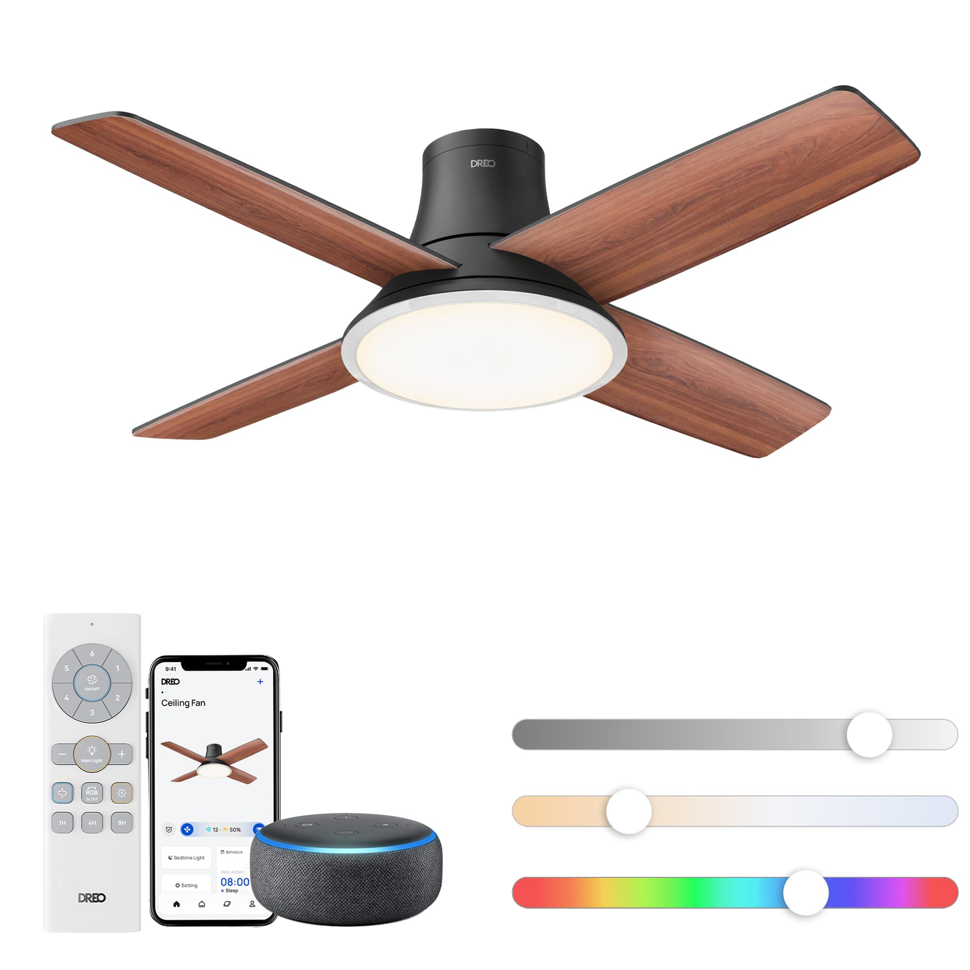 DREO Ceiling Fans with Lights, 44'', RGBIC Flush Mount Smart Ceiling Fan