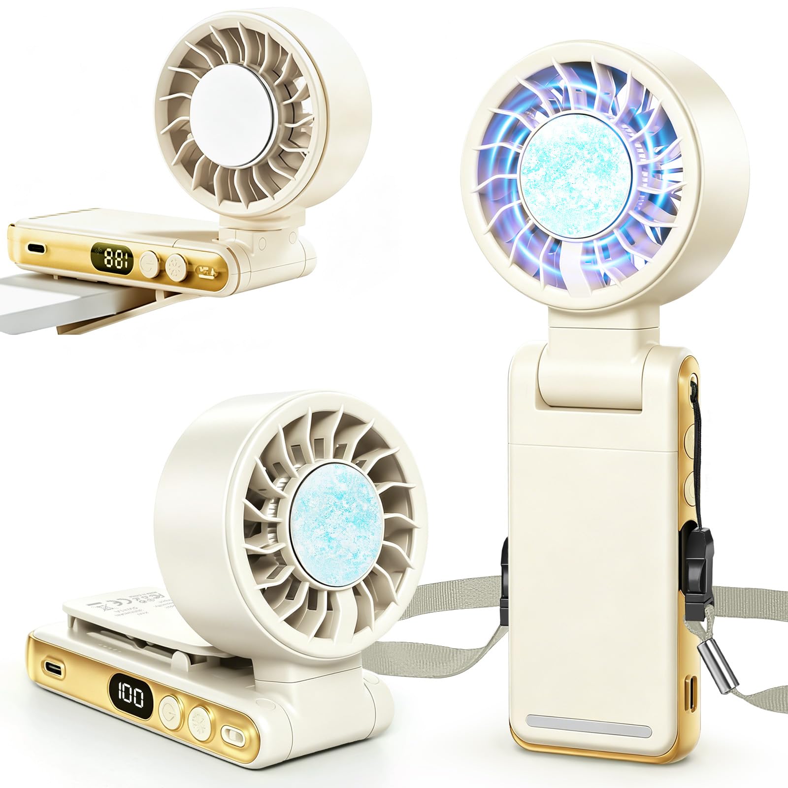 Ciaien Handheld Portable Turbo Fan with Ice Cooling,5 Speed Rechargeable LED Display Foldable Hand Held Personal Clip/Neck/Waist Fan,180°& 360° Adjustable,Pocket Mini Fan for Outdoor/Home(Khaki)