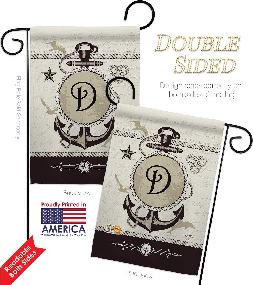 Nautical D Initial Garden Flag Set Wall Holder Monogram Coastal Anchor Sailor Sea Shells Outdoor Summer Ocean Small Decorative Gift Yard House Banner Double-Sided Made In USA 13 X 18.5